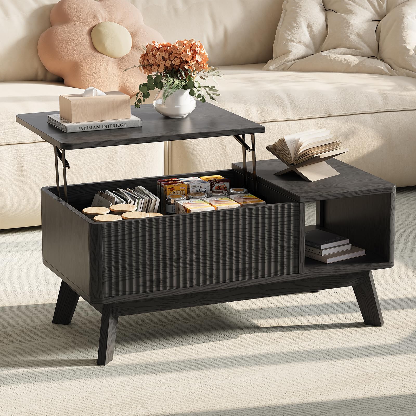 Wood Lift Top Coffee Table with Hidden Compartment and Large Storage Shelf, Lift Tabletop Dining Center Table for Home Living Room Office,Black