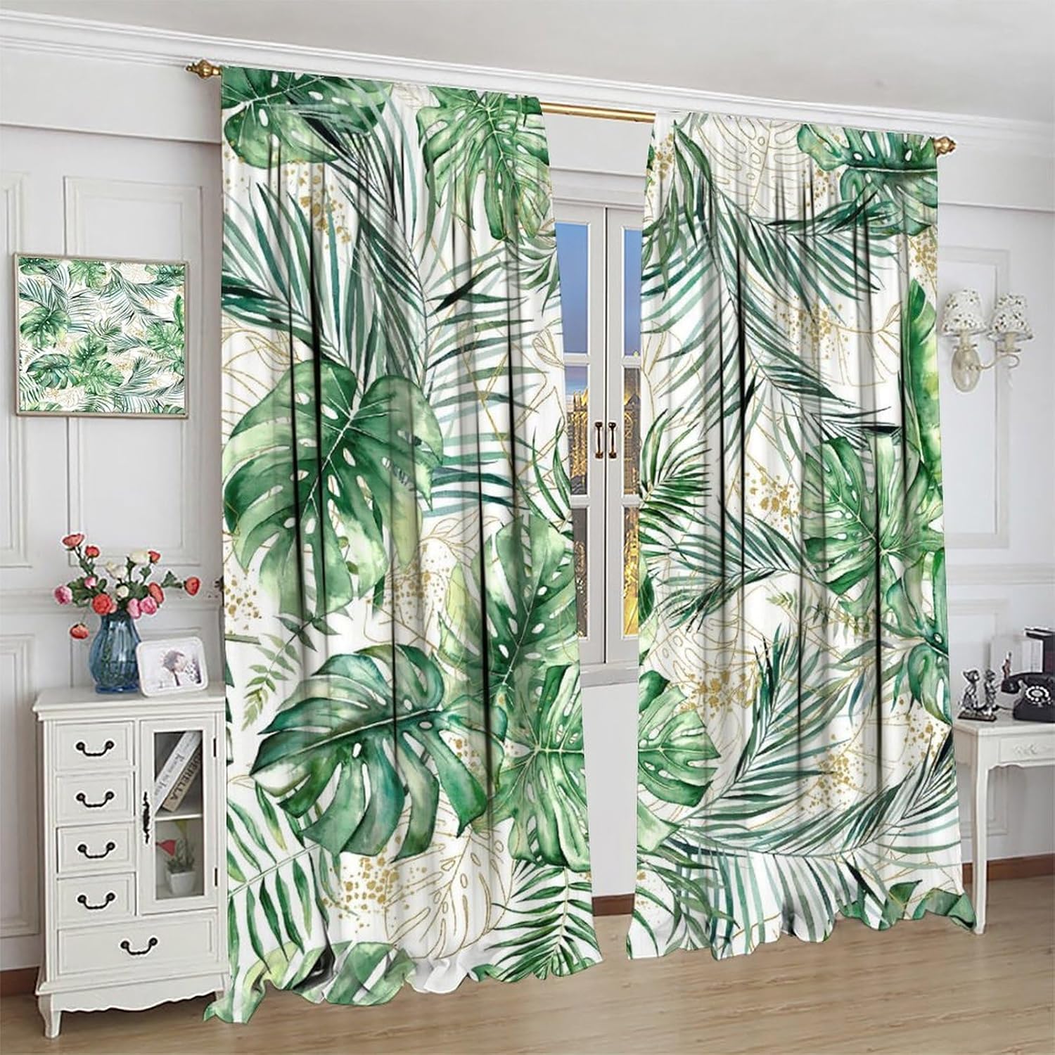 Green Hawaiian Tropical Curtains, Summer Natural Jungle Botanical Leaves, Bedroom Living Room Blackout Noise Reduction Curtains42X54 Inch