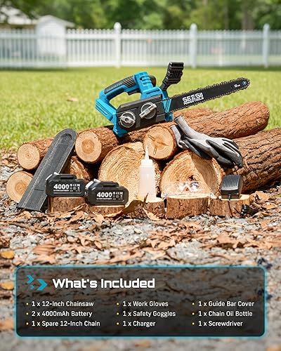 Miniatura 9 de SEESII Motosierra Eléctrica Inalámbrica de 12 pulgadas: Motosierra Pequeña sin Escobillas Alimentada por Batería, 2 x Baterías de 4.0Ah, Mini