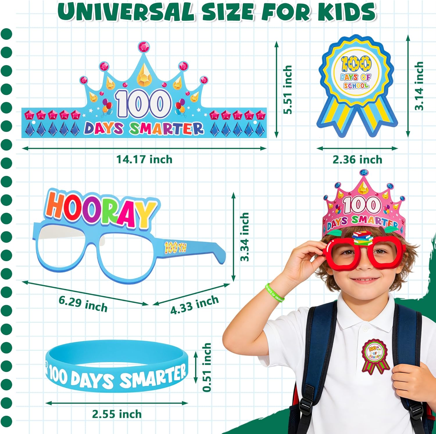 210 Pieces 100th Day of School Stuff, 30 Sets Happy 100th Day of School Paper Glasses Crowns Hats Silicone Bracelets and 120 Pcs 100 Days of School Stickers for Kindergarten Celebrations Party Favors