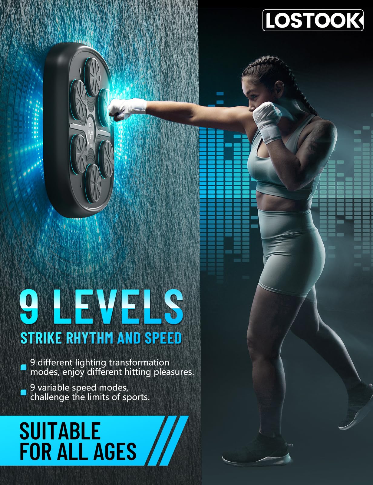 Lostook Music Boxing Machine for Kids & Adults, Smart Bluetooth Sounding Punch Machine 9 Modes & 9 Speeds, Wall Mounted Boxing Trainer for Home,Office and Gym with Boxing Gloves