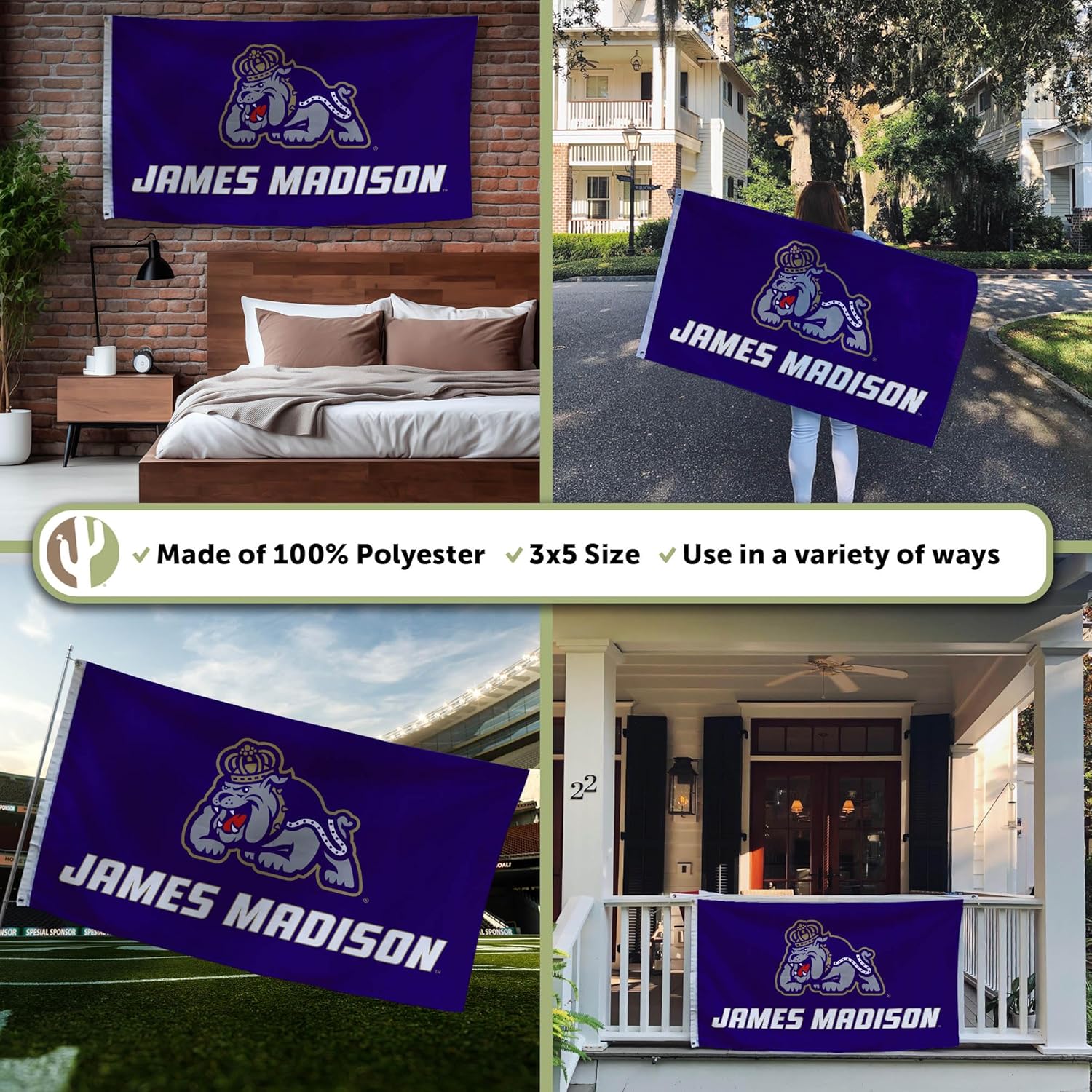 Desert Cactus James Madison University JMU Flag - 3 x 5 Feet Dukes Banner, Indoor/Outdoor Durable Fabric, 100% Polyester Design (Style 2)