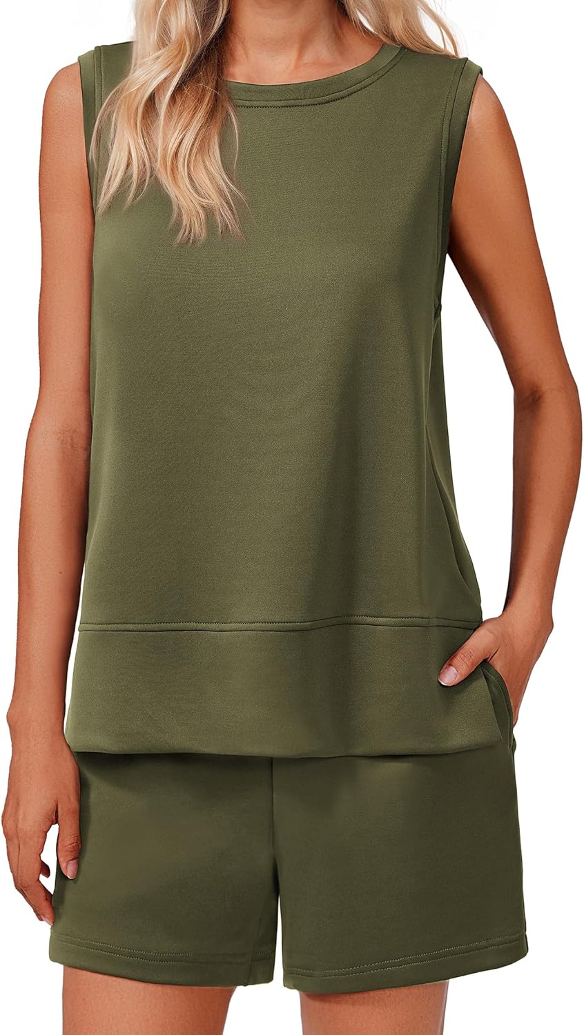 PINSPARK Two Piece Sets for Women Summer Sleeveless Lounge Set Crewneck Tops Sweatsuit Drawstring Shorts Tracksuit Outfits