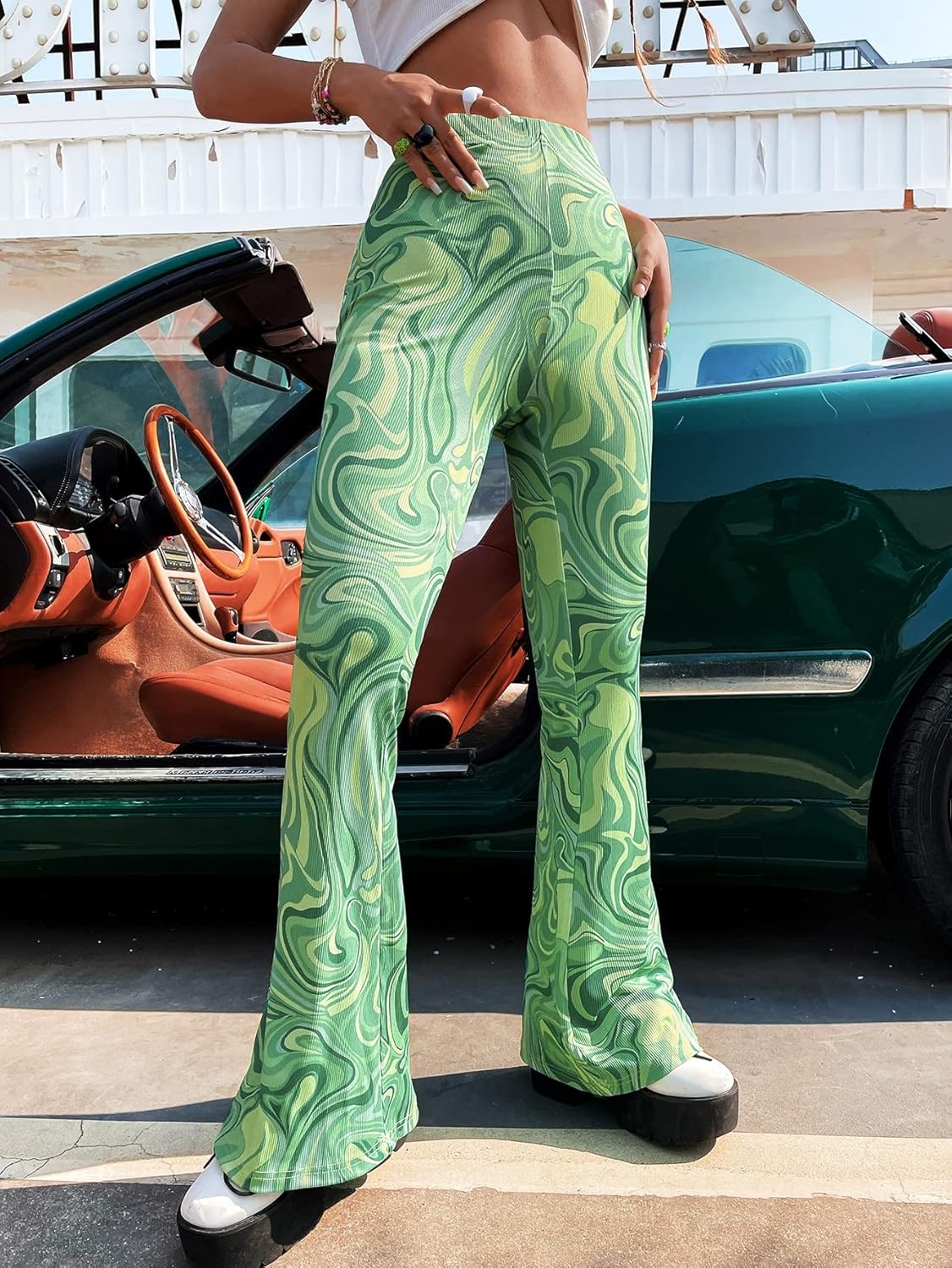 WDIRARA Women's Marble Printed Flare Pants High Waisted Elastic Waist Casual 70s Disco Long Pants - Image 4