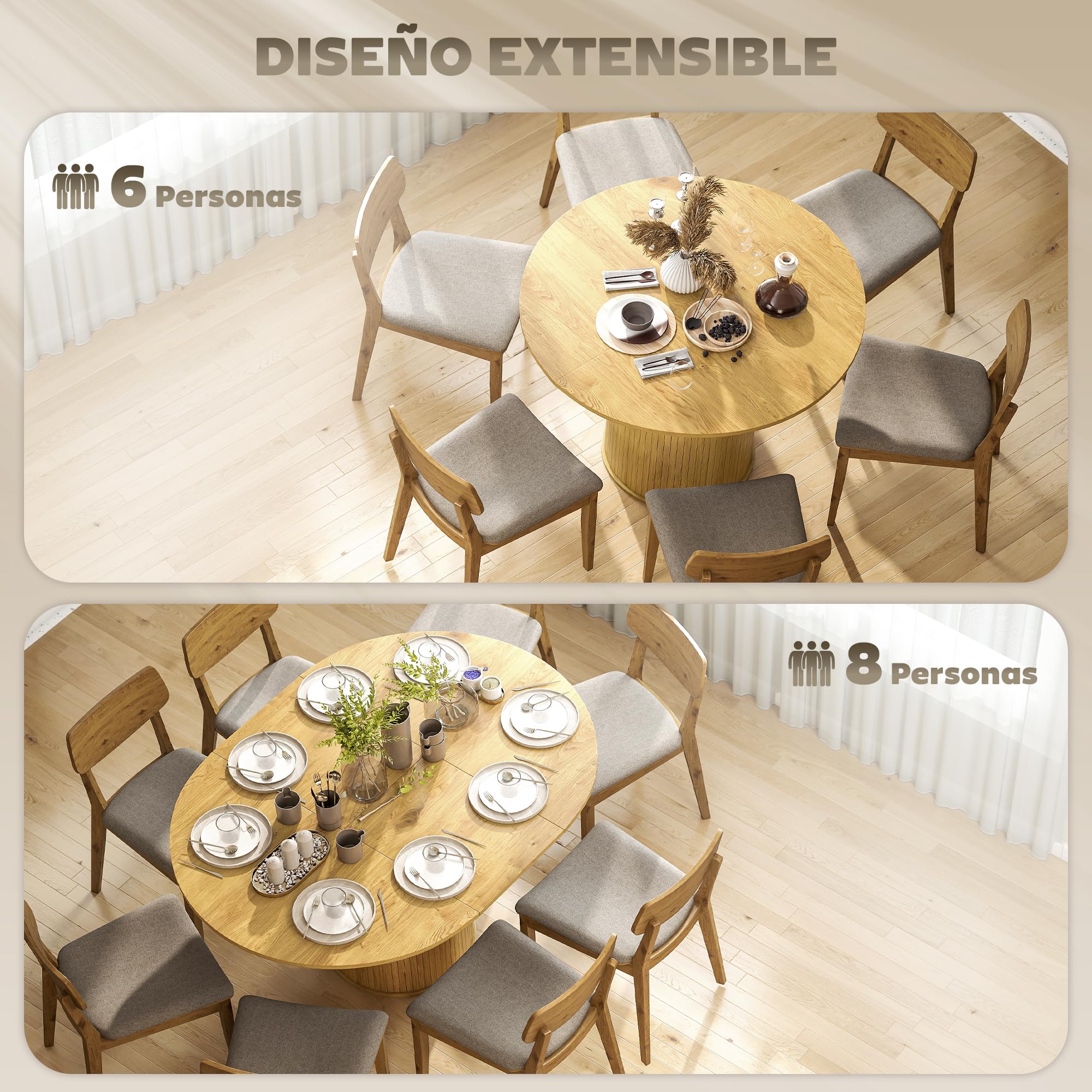 HOMCOM Mesa de Comedor Extensible Redonda, 110-150 cm, Mesa de Cocina Extensible, para 6-8 Personas, con Base Estriada Ancha, para Salón, 110-150x110x75 cm, Madera Natural