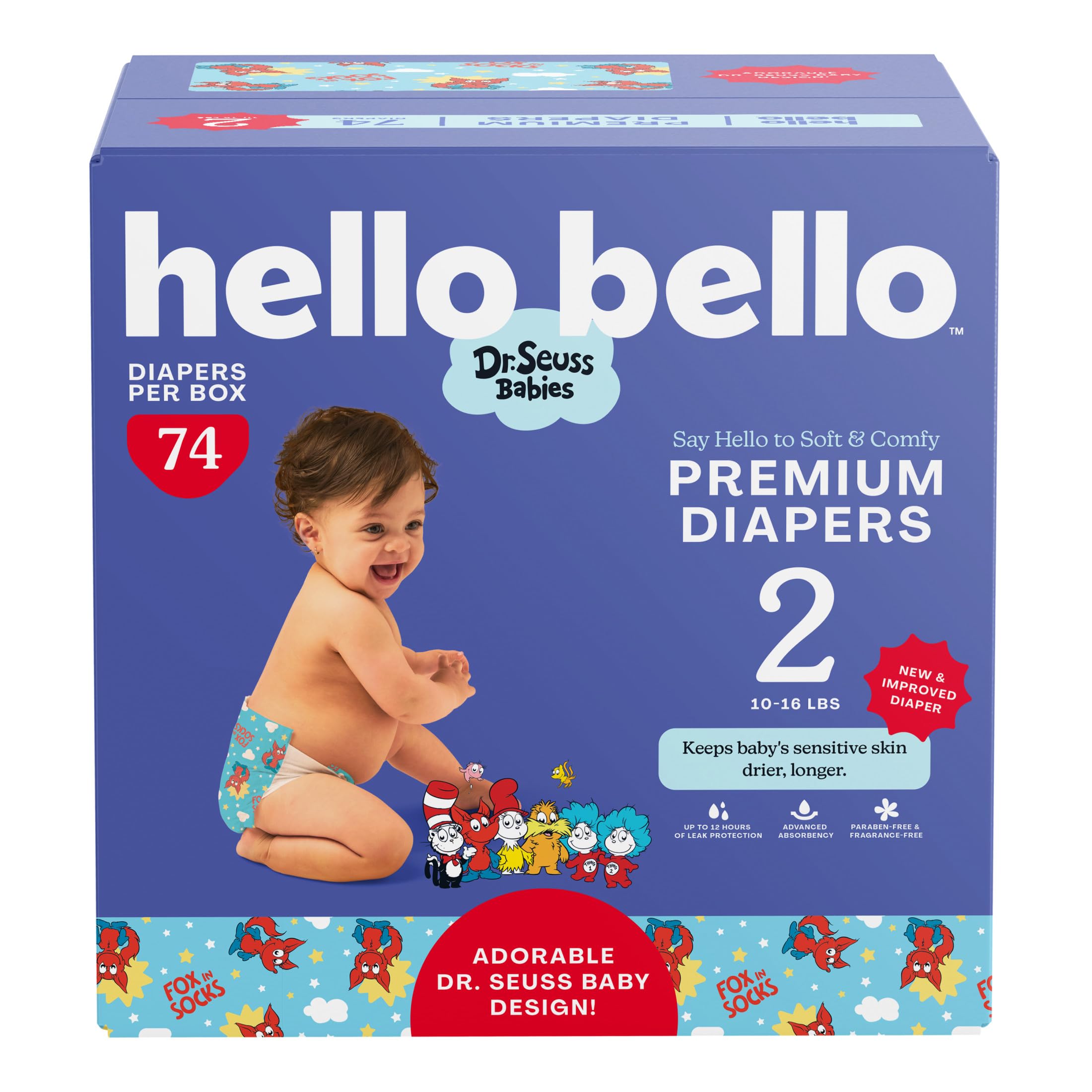 Hello Bello Dr. Seuss Babies Premium Diapers, Size 2, 74 Count: Softness &amp; Protection for Sensitive Skin