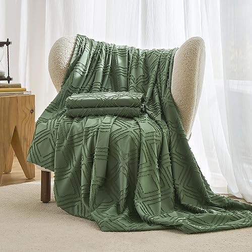 Miniatura 7 de JELLYMONIJuego de funda de edredón verde individual, 3 piezas, de microfibra estilo capitoné, texturizado, bohemio, patrón geométrico de rombos