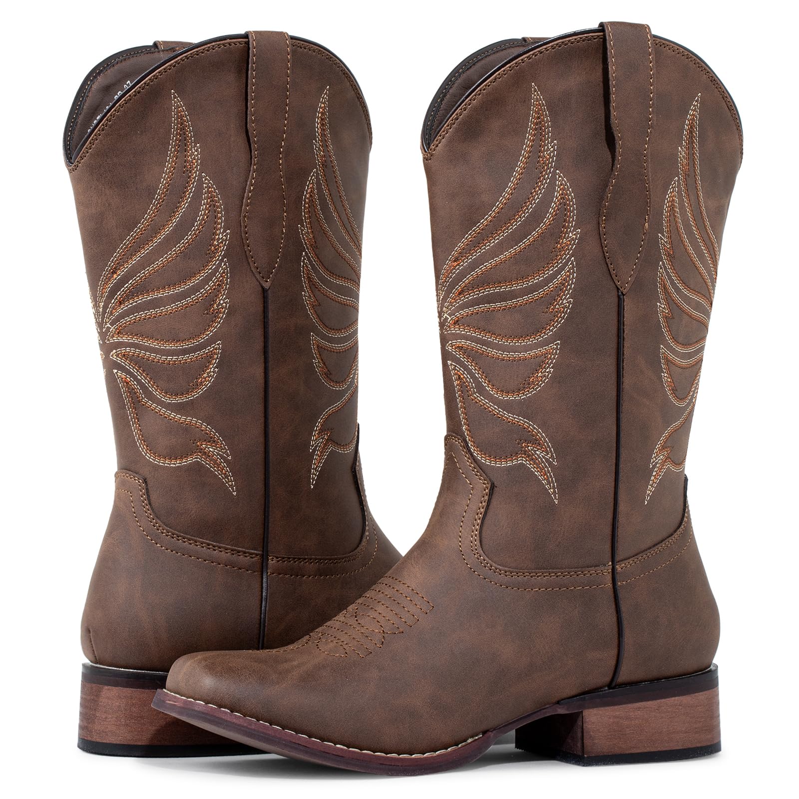 Js o l e Womens Square Toe Cowboy Boots Wide Calf Cowgirl Boots Western Shoes