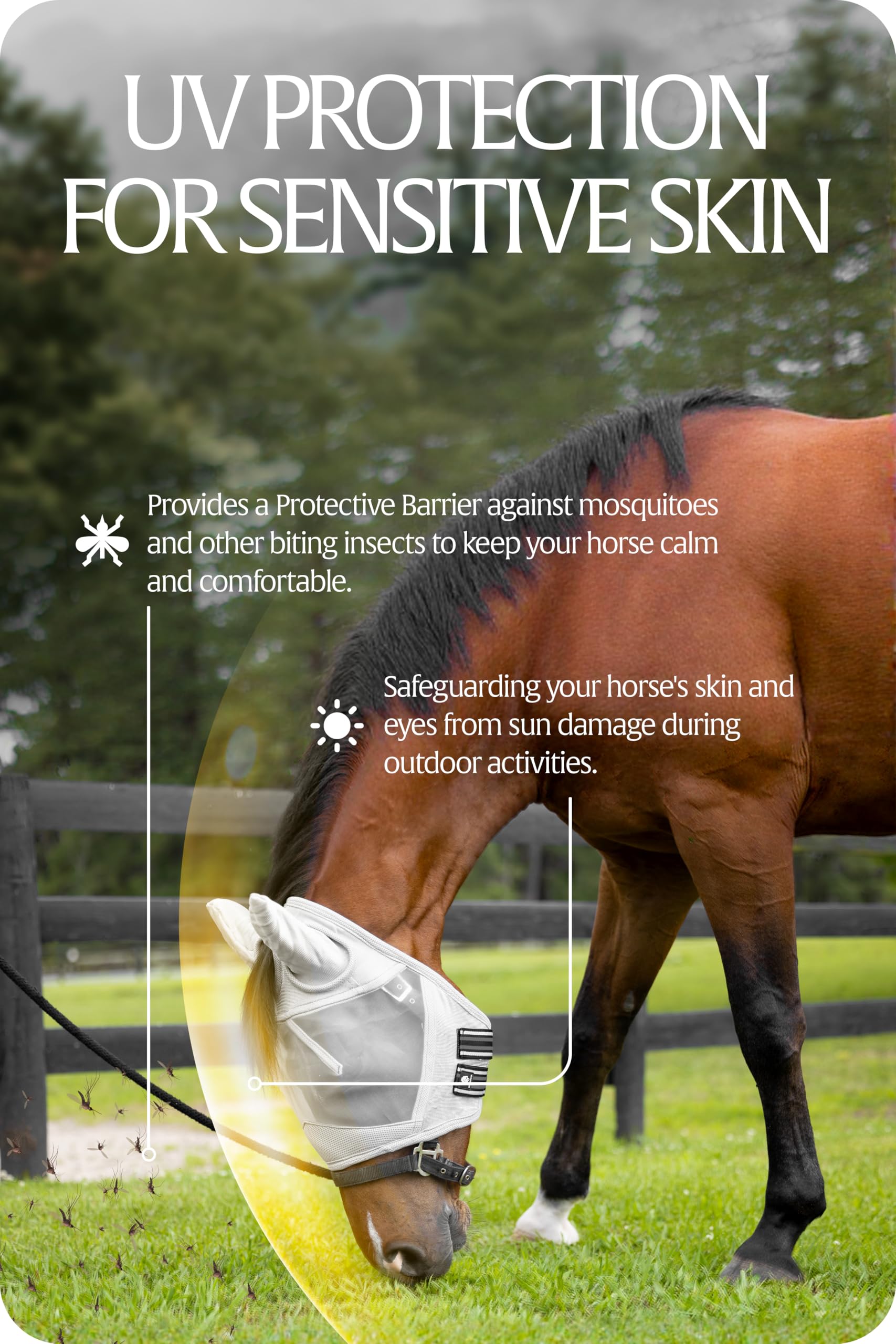 Equinavia Algard - Máscara de Malla Suave para Caballo con protección auditiva y clasificación SPF 45, sin irritación Ocular y protección UV, Color Plateado