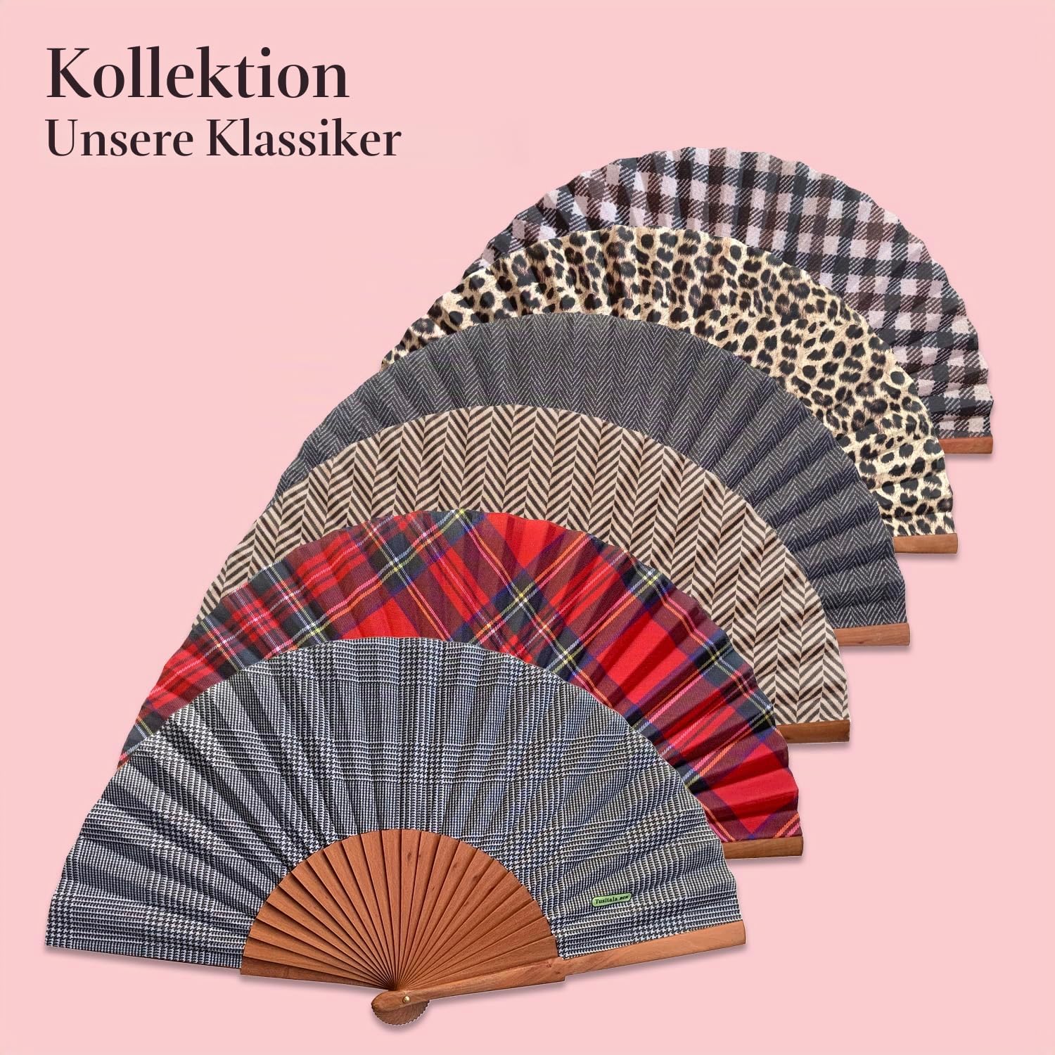 Spanischer Handfächer Sauvage–Holz und Baumwolle–23 cm–Etui und Hülle aus Jute–Modeaccessoire–Handgefertigt in Spanien–Events und Geschenke–Unsere Klassiker-Kollektion–Tusitala Barcelona