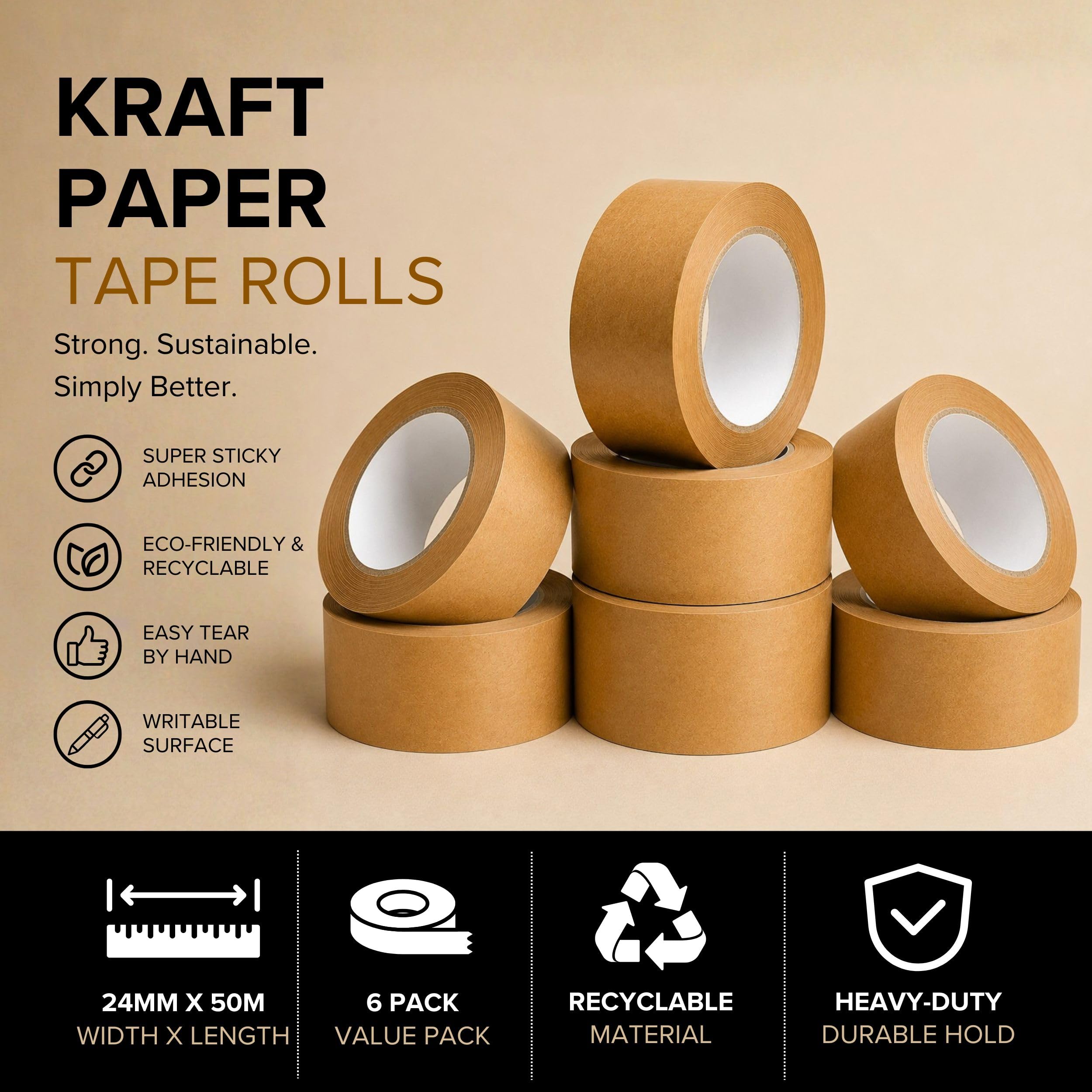 Volila Ruban Adhésif Kraft 48mm x 50m 6 Rouleaux Papier Brun Résistant pour Colis et Cadrage