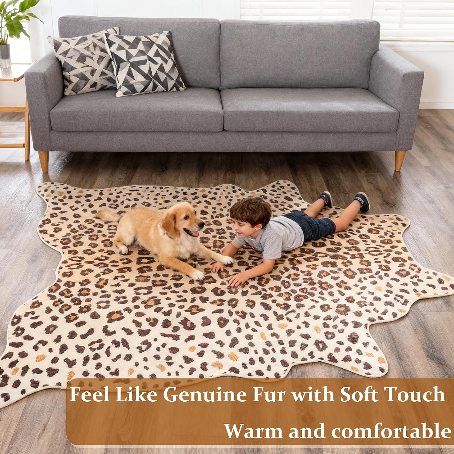 Leopard Print Area Rug, Cheetah Rug 4.6x5.2 Feet Faux Animal Print Carpet for Living Room Bedroom Home Decor (Light Brown)