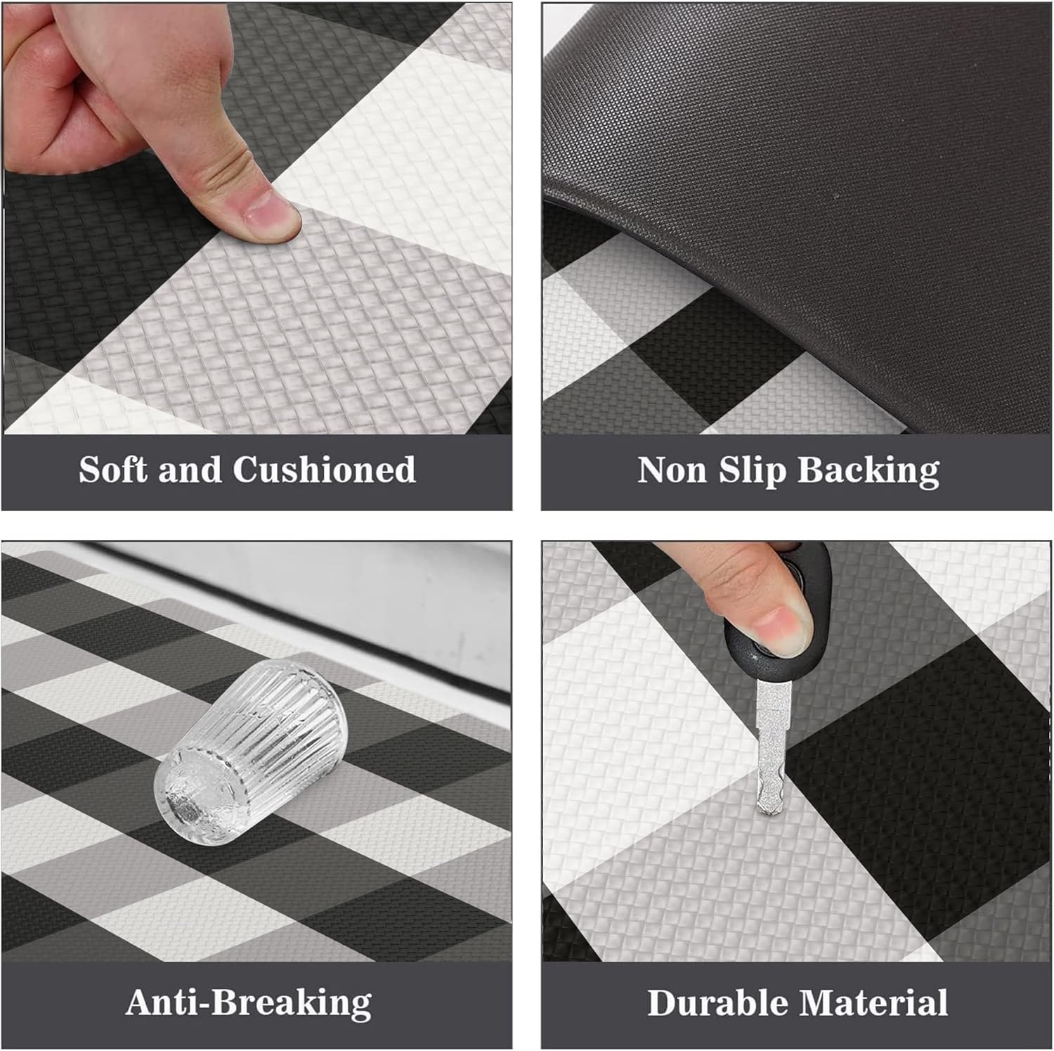 MAYHMYO 2 PCS Anti Fatigue Rugs Non Skid Waterproof Floor Mat Cushioned Black and White Buffalo Plaid Farmhouse Comfort Standing Kitchen Mats for Floor, House, Sink, Office, 17.3x29 17.3x47