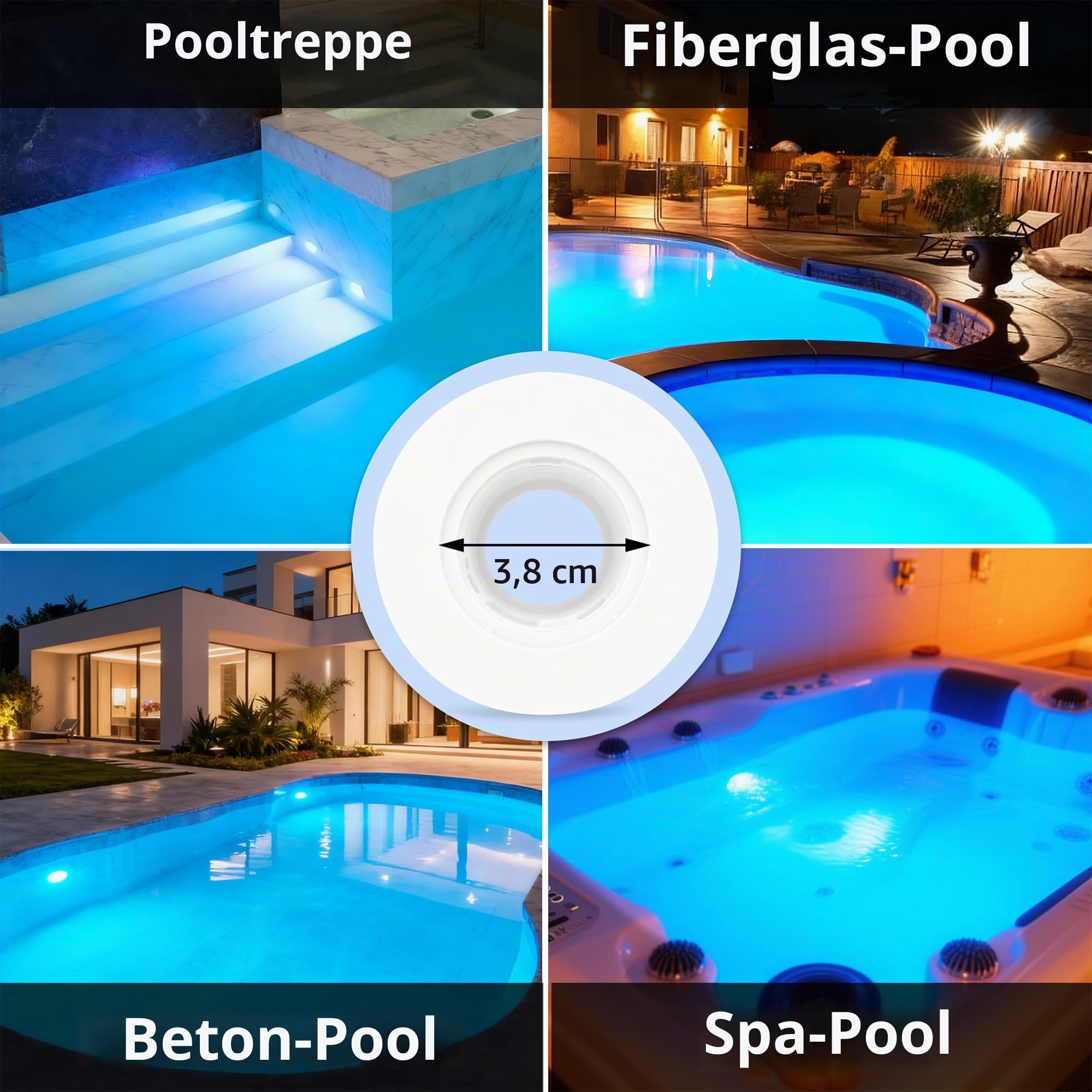 LED Poolscheinwerfer mit 1,5" Außengewinde, 12W Harz Gefüllt Poolbeleuchtung 6000K Nicht Dimmbar, 1200lm, Ø190mm, 12V AC/DC Unterwasser LED Poollampe für Einbaunische 1 1/2 Zoll der Beckenwand