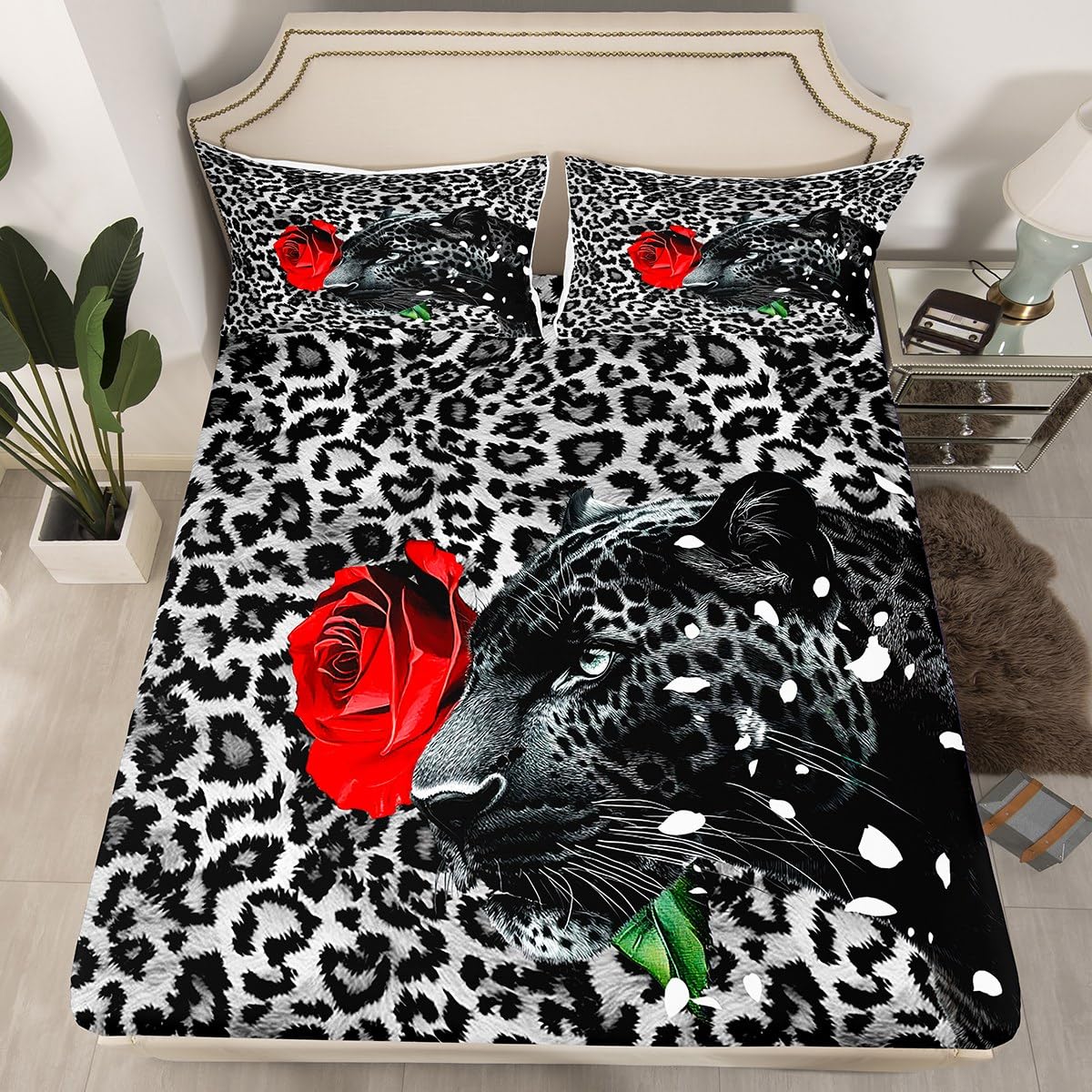 Leopard Print Fitted Sheet Twin Size 3D Africa Cheetah Bedding Set 2Pcs(No Flat Sheet) Red Rose Flower Bed Sheet for Boys Girls Teens Room Decor Luxury Animal Fur Pattern Deep Pocket Sheet