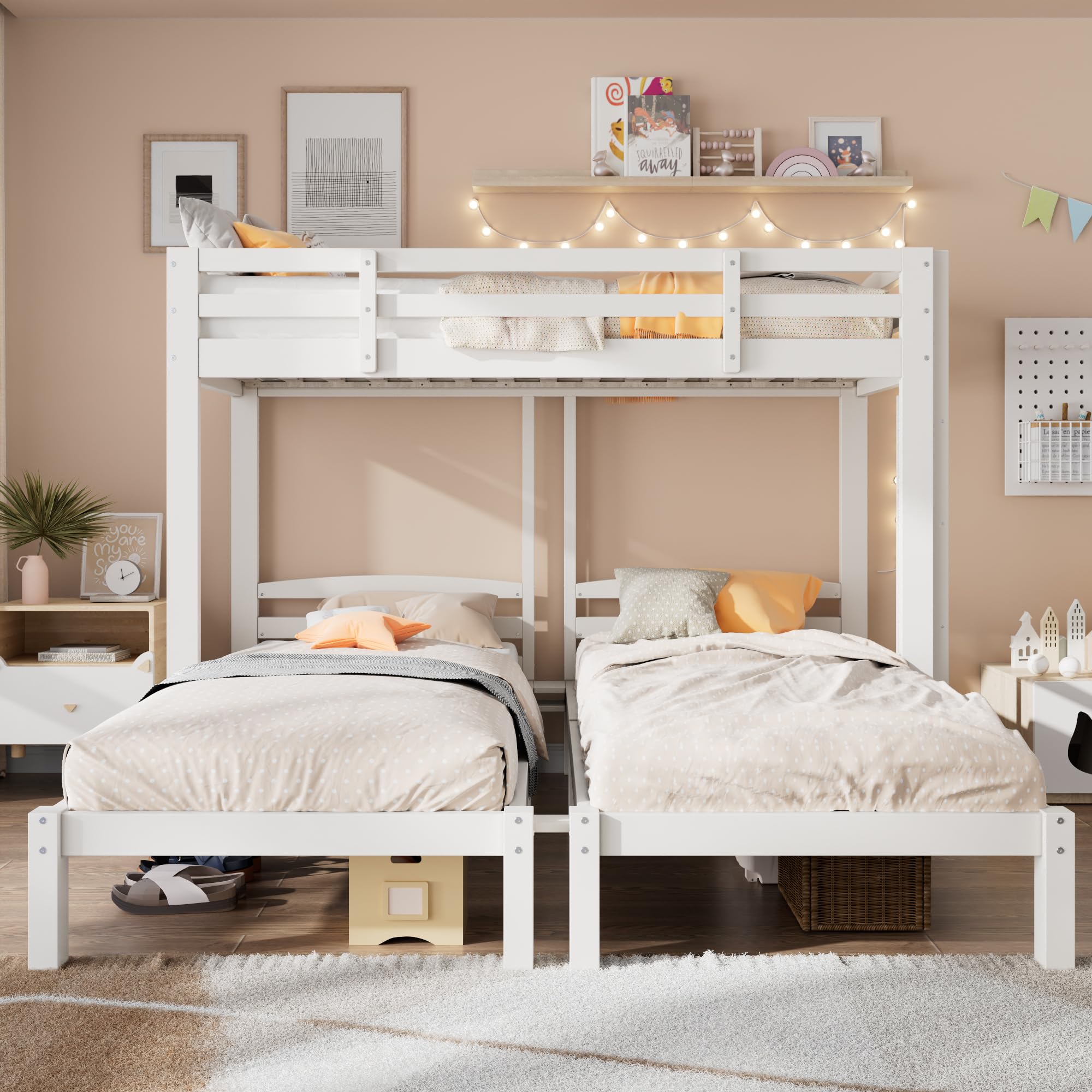 Cama Triple, litera Triple con Escalera Lateral para niños y jóvenes, Blanco (90 x 200 cm)