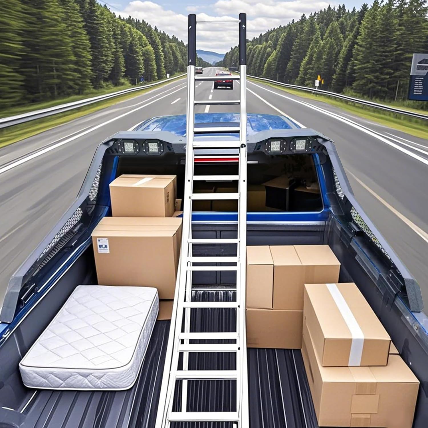 Roll Bar for Universal Pickup Truck, Extendable Chase Rack Sports Bar Roll Cage Compatible with F150 Sierra Silverado Ram Tundra Gladiator Tacoma, Include 4 Tail Lamp, Matte Black