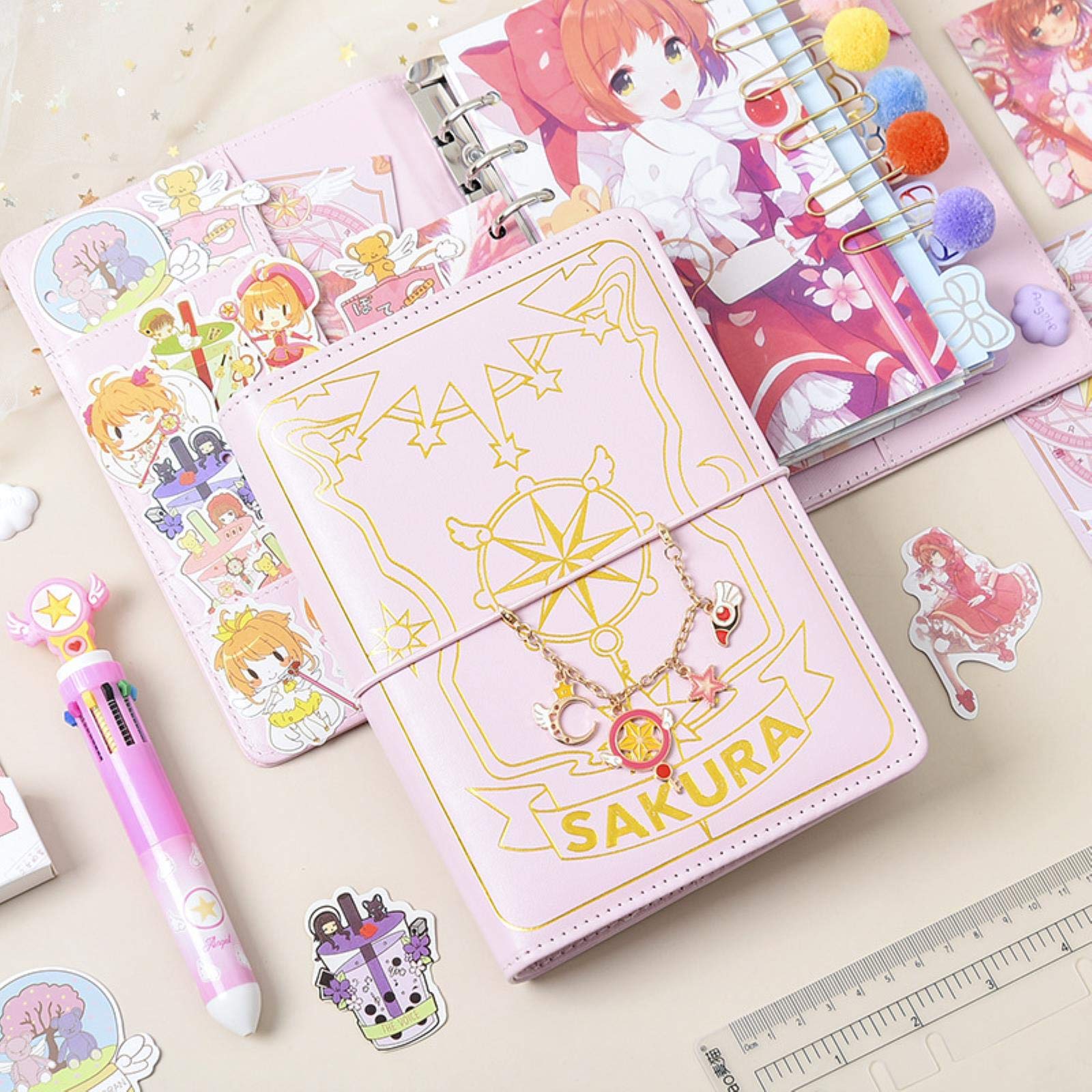 Süßes rosa Sakura Anime Lose-Blatt Tagebuch Notizbuch bunte Seiten Spirale 6 Löcher Binder Notizbuch Journals Planer Schreibwaren Set