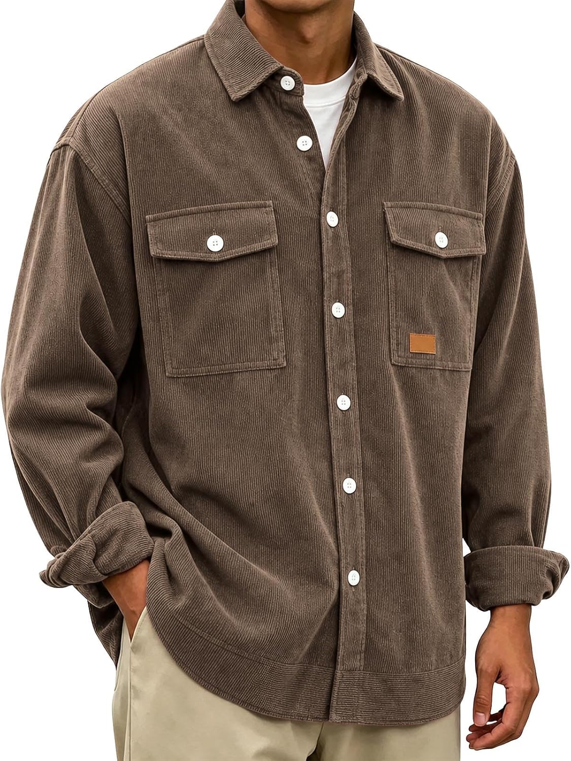 Mens Corduroy Shacket Long Sleeve Button Down Overshirt Jacket