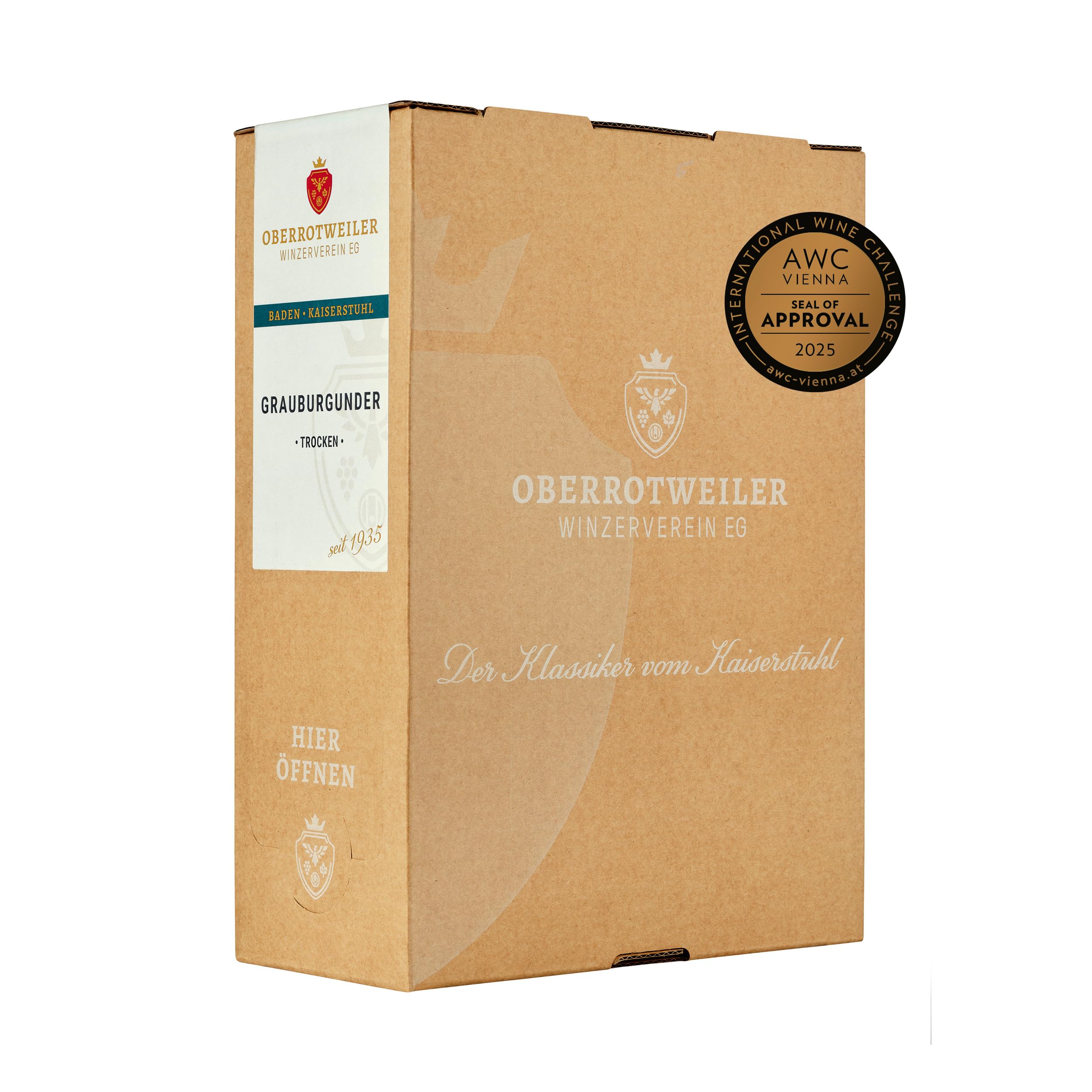 Oberrotweiler Grauburgunder Wein-Box 3 Liter QbA - BRONZE 2025 AWC Vienna - zarte Fruchtaromen nach Pfirsich, Apfel und Zitrusfrüchten - Badischer Wein (1 x 3,0 l Bag-in-Box)