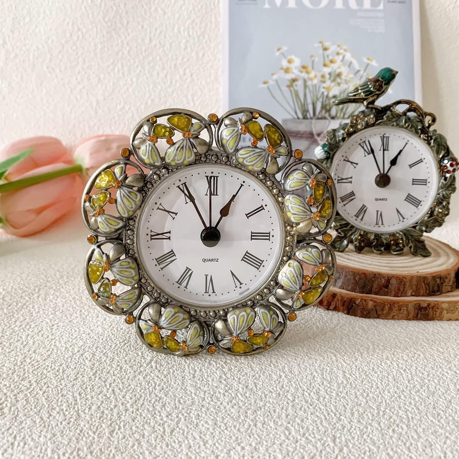 Silent Mini Vintage Analog Table Clock with Hand-Painted Metal Body and Battery Operated Non-Ticking Core for Shelf, Bedroom, Bedside, Desk, Gift Clock