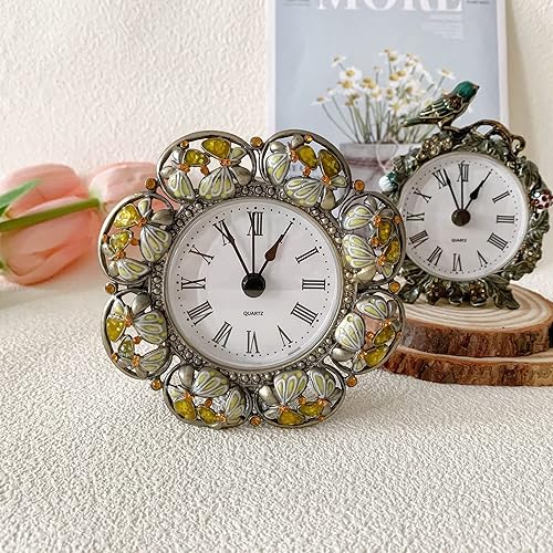 Miniatura 5 de Silent Mini reloj de mesa analógico vintage con cuerpo de metal pintado a mano y núcleo sin tictac funciona con pilas para estante, dormitorio,