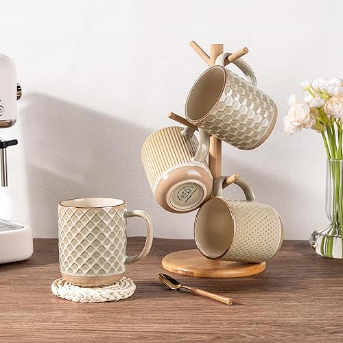 Miniatura 94 de GBHOME Tazas de café apilables de 12 onzas, tazas de café de cerámica con patrones de textura para hombre, mujer, papá, mamá, juego de 4 tazas