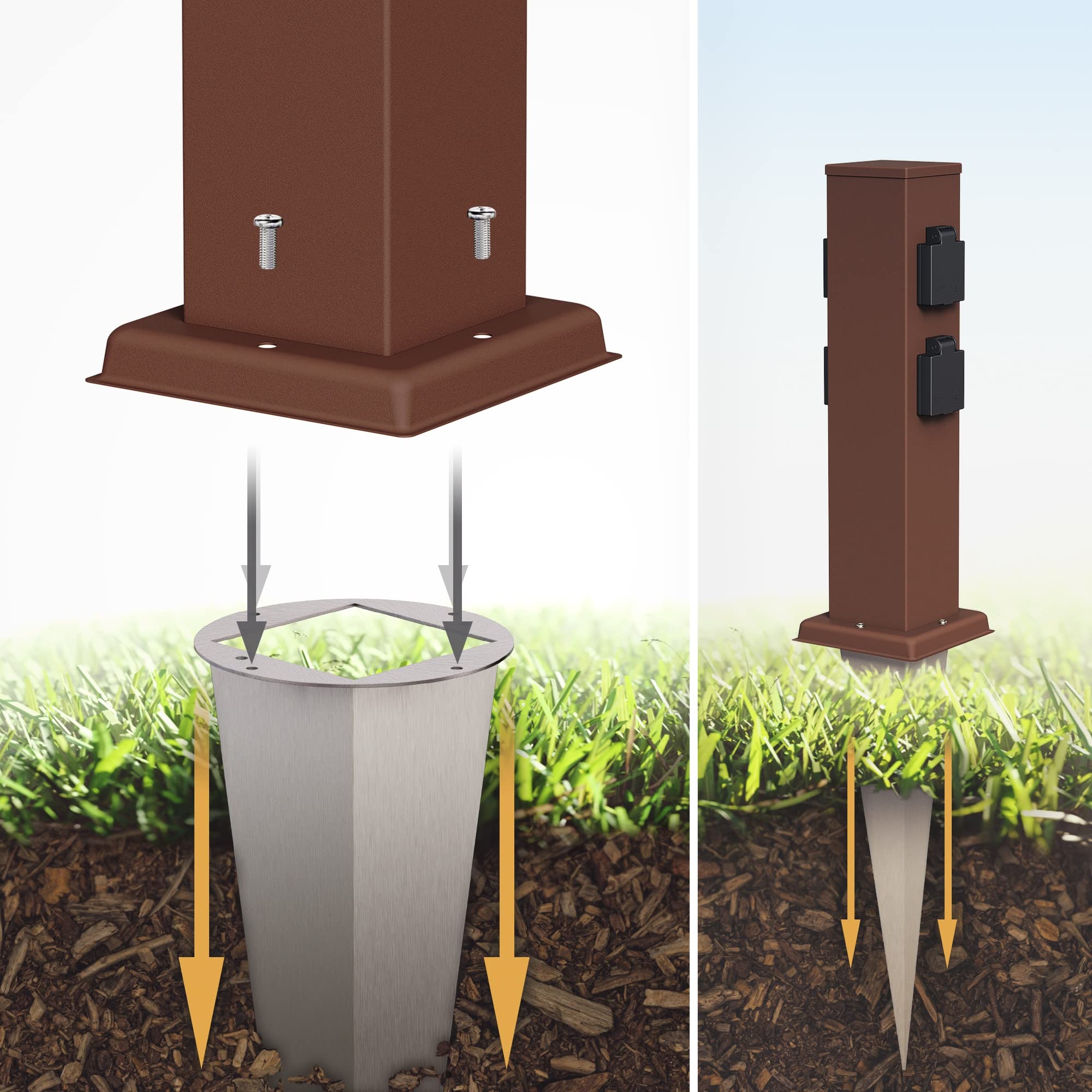 ledscom.de 2 colonnine con prese da giardino Polly con picchetto da terra per esterni, IP44, a 4 prese, acciaio inossidabile, forma squadrata, marrone, 40 cm