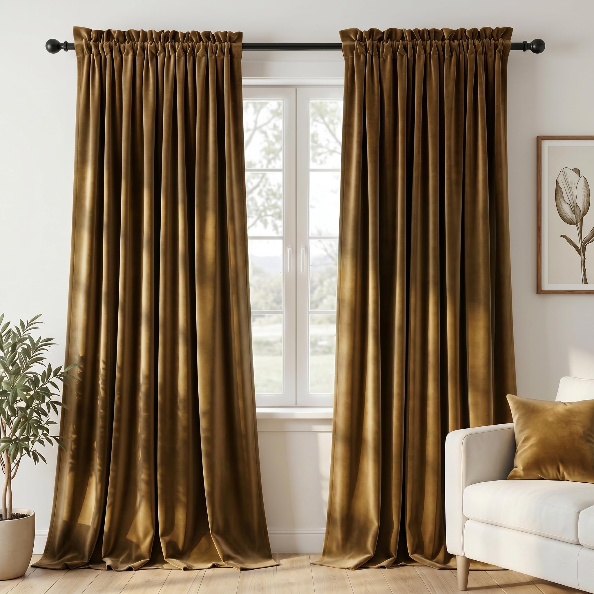 Dchola Gold Brown Velvet Curtains for Bedroom Window, Super Soft Vintage Luxury Heavy Drapes, Room Darkening Rod Pocket Curtain for Living Room, W52 by L90 inches, 2 Panels — image 1