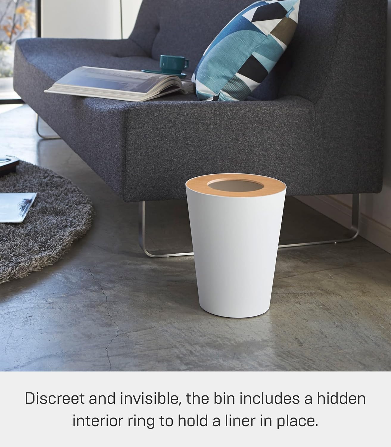 YAMAZAKI Home Rin Trash Can - Small Modern Home Wastebasket for Bathroom Kitchen Office - Steel + Wood
