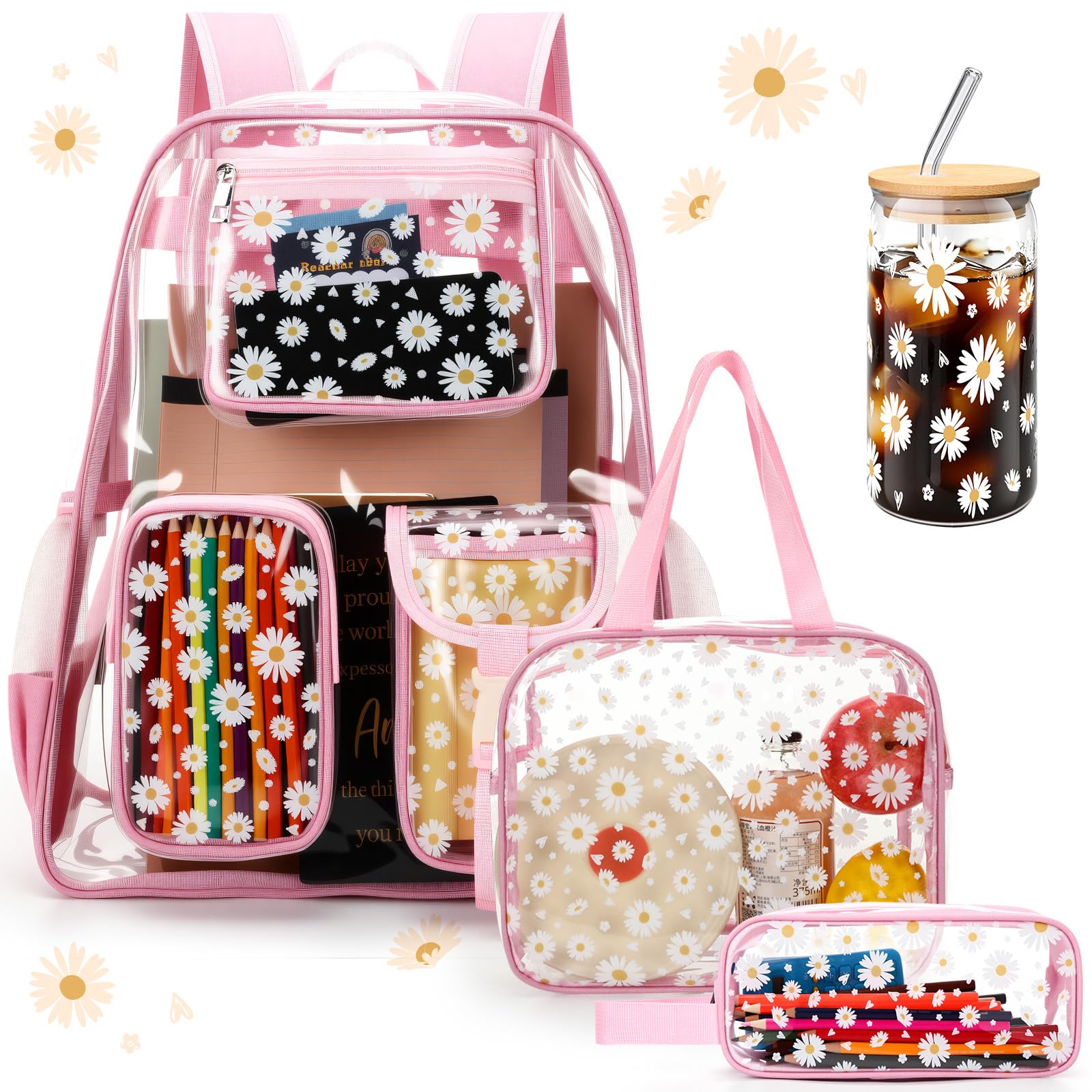 Aliceset 4pcs 17" Daisy Clear Backpack for Kids with Lunch Bags Pencil Case and Glass Bottle School Heavy Duty Bookbag Set(Pink)