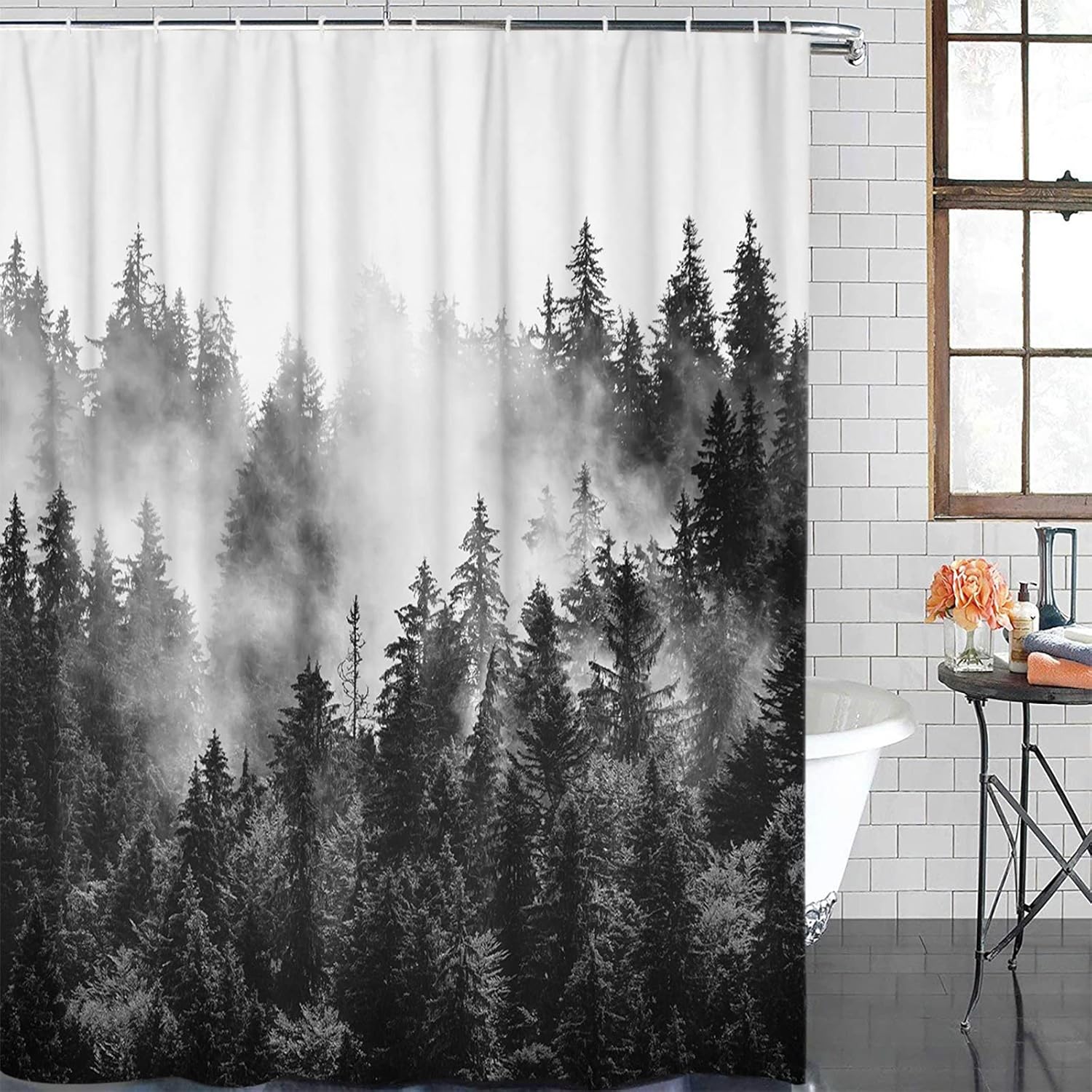 QueenKer Shower Curtain, Summer Photography Black and White Forest Waterproof Fabric Shower Curtain Set with 12 Hooks, Bathroom Curtains for Farmhouse Home Hotel Holiday Decor, 36" W x 72" L