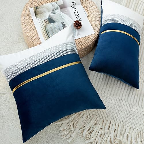 Miniatura 6 de VOGOL Funda de cojín de retazos verde oscuro con cuero a rayas doradas, funda de almohada decorativa para sofá, 18 x 18 pulgadas