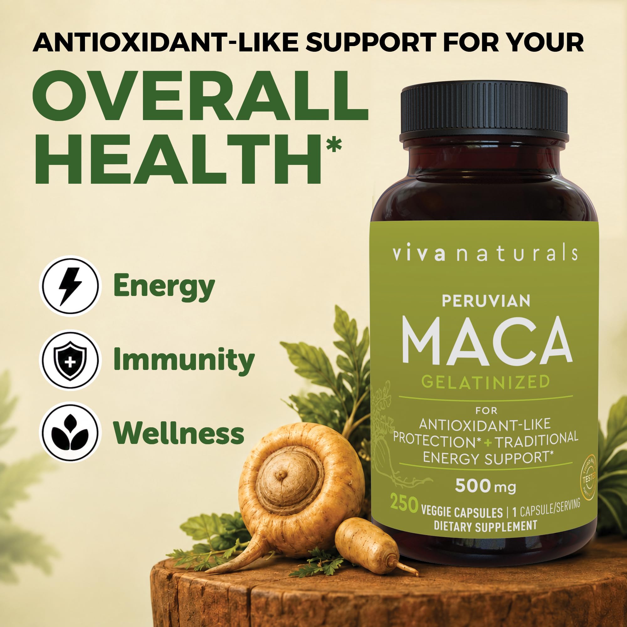 Viva Naturals Peruvian Maca Root Supplement for Women & Men, 500mg - Traditionally Used for Energy, Stamina & Endurance - 250 Yellow Maca Root Powder Capsules, Gelatinized for Easier Digestion — Amazon image 3