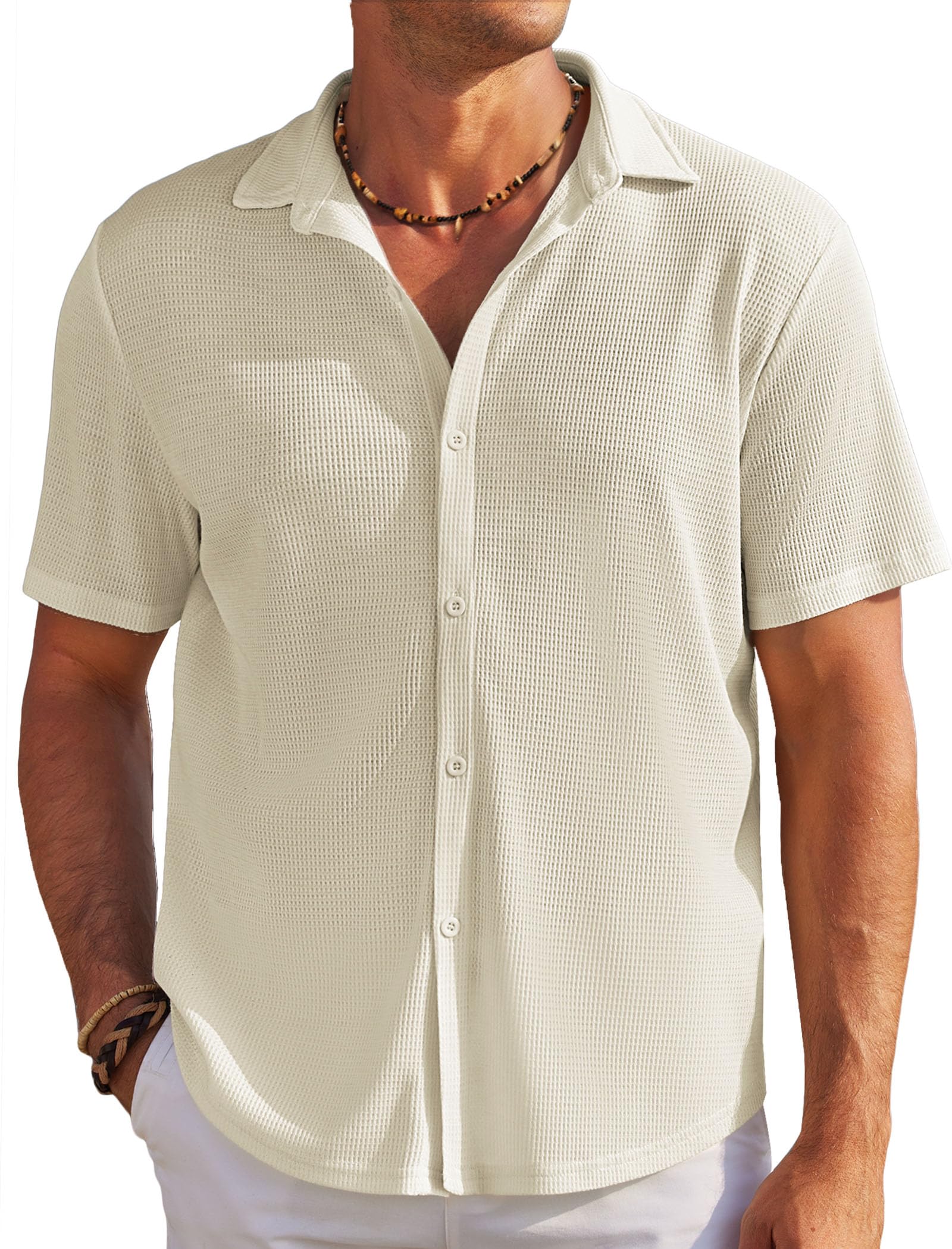 Coofandymens Casual Shirts Short Sleeve Waffle Knit Button Down