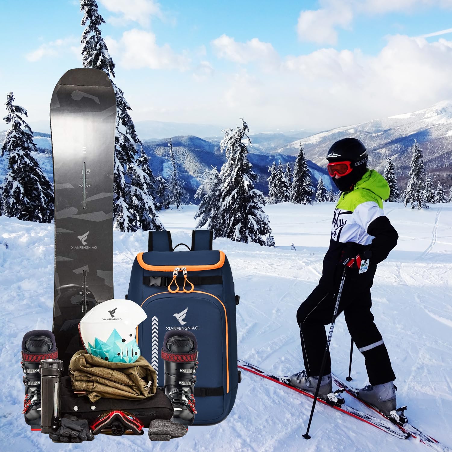 Skischuhtasche, 50L Skischuh Reiserucksack, wasserdichte Ski- und Snowboardstiefel, Skifahren und Snowboard Reisegepäck für Skihelm, Schutzbrille, Snowboard, Handschuhe & Zubehör (Dunkelblau)