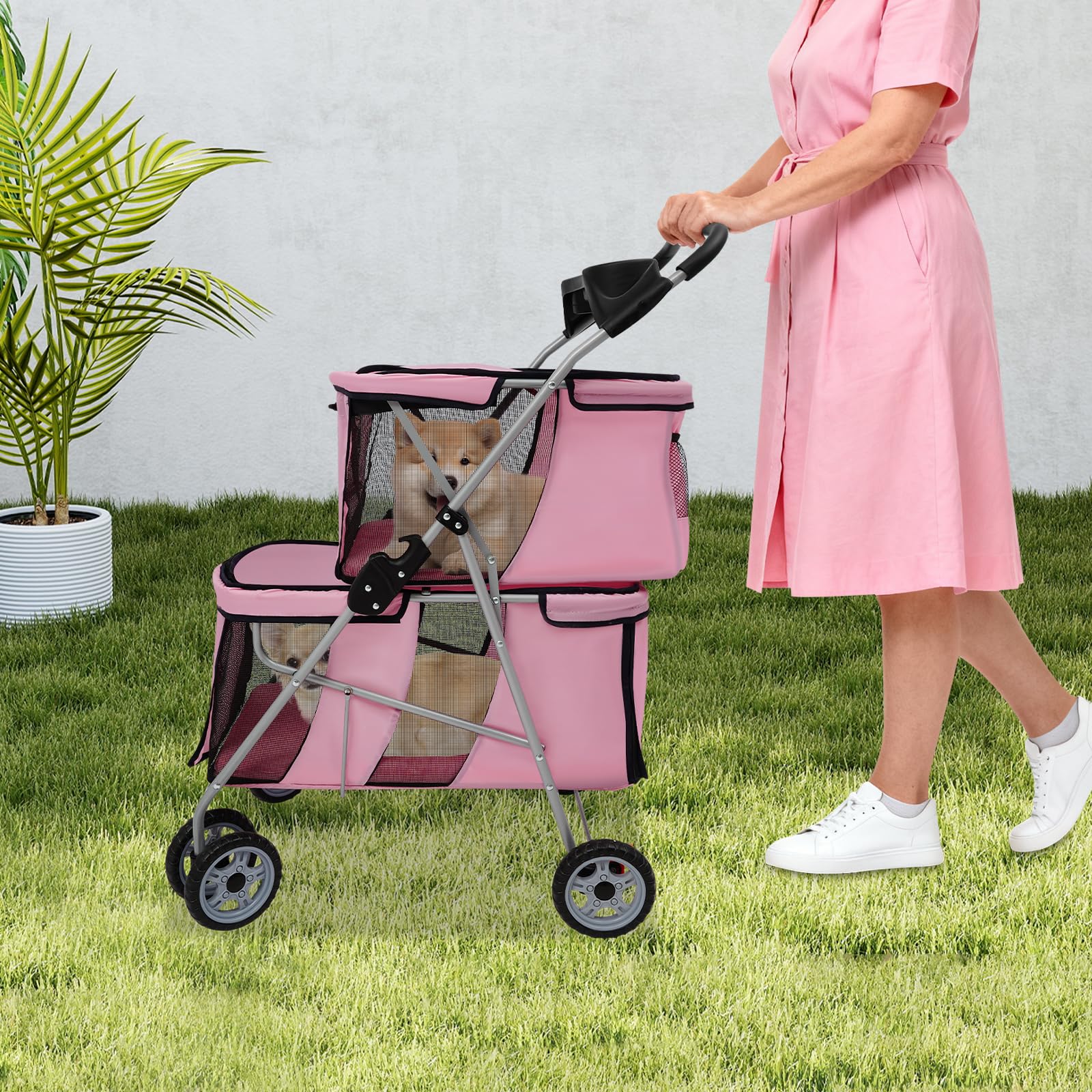 Passeggino per animali domestici, pieghevole, a doppio piano, per cani e gatti di piccola e media taglia, per esterni, parchi, passeggiate 55 x 69 x 101 cm