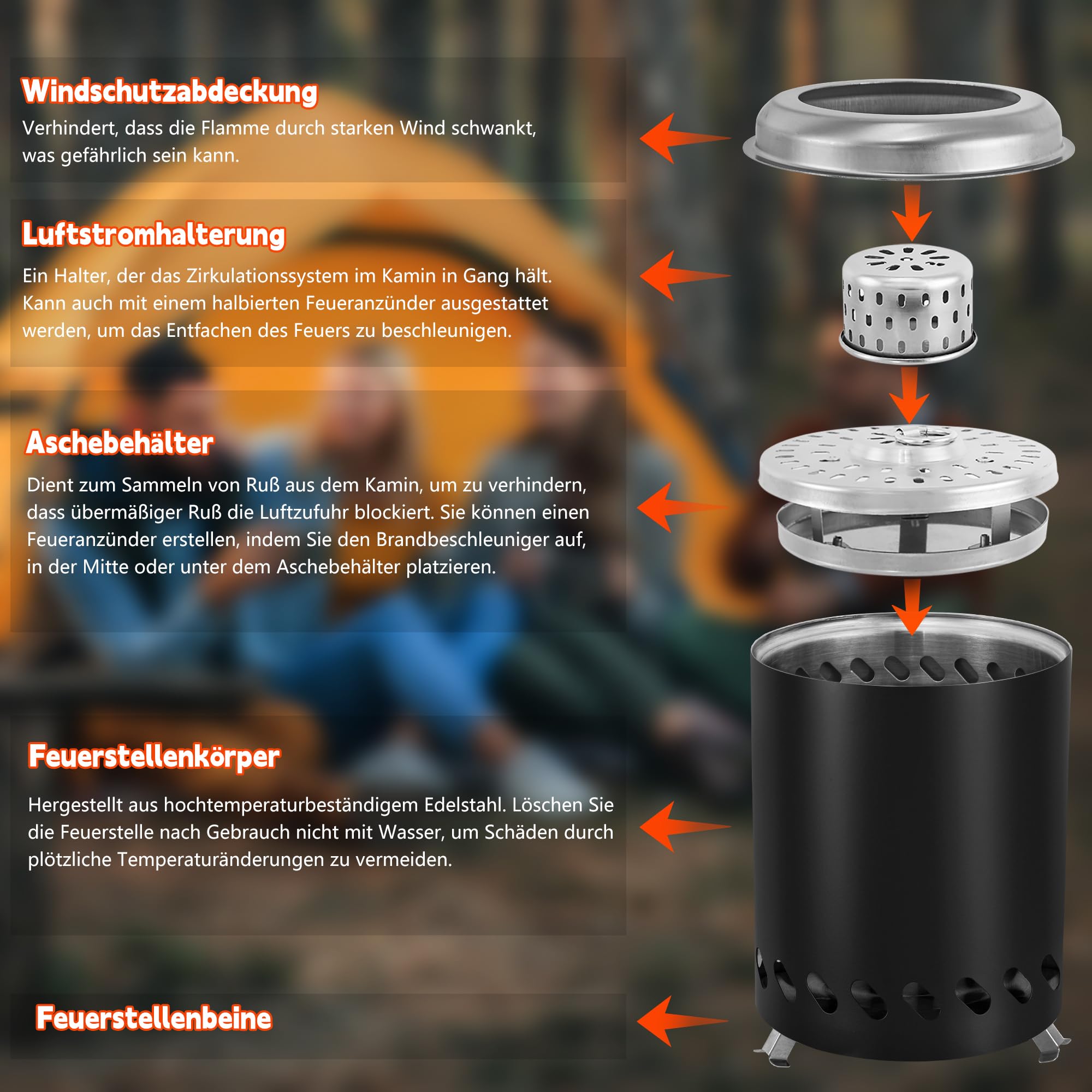 Outdoor Edelstahl Camping Tragbare Feuerstelle Betrieben mit Pellets oder Holz mit Reisetasche Für den Außenbereich, Schwarz