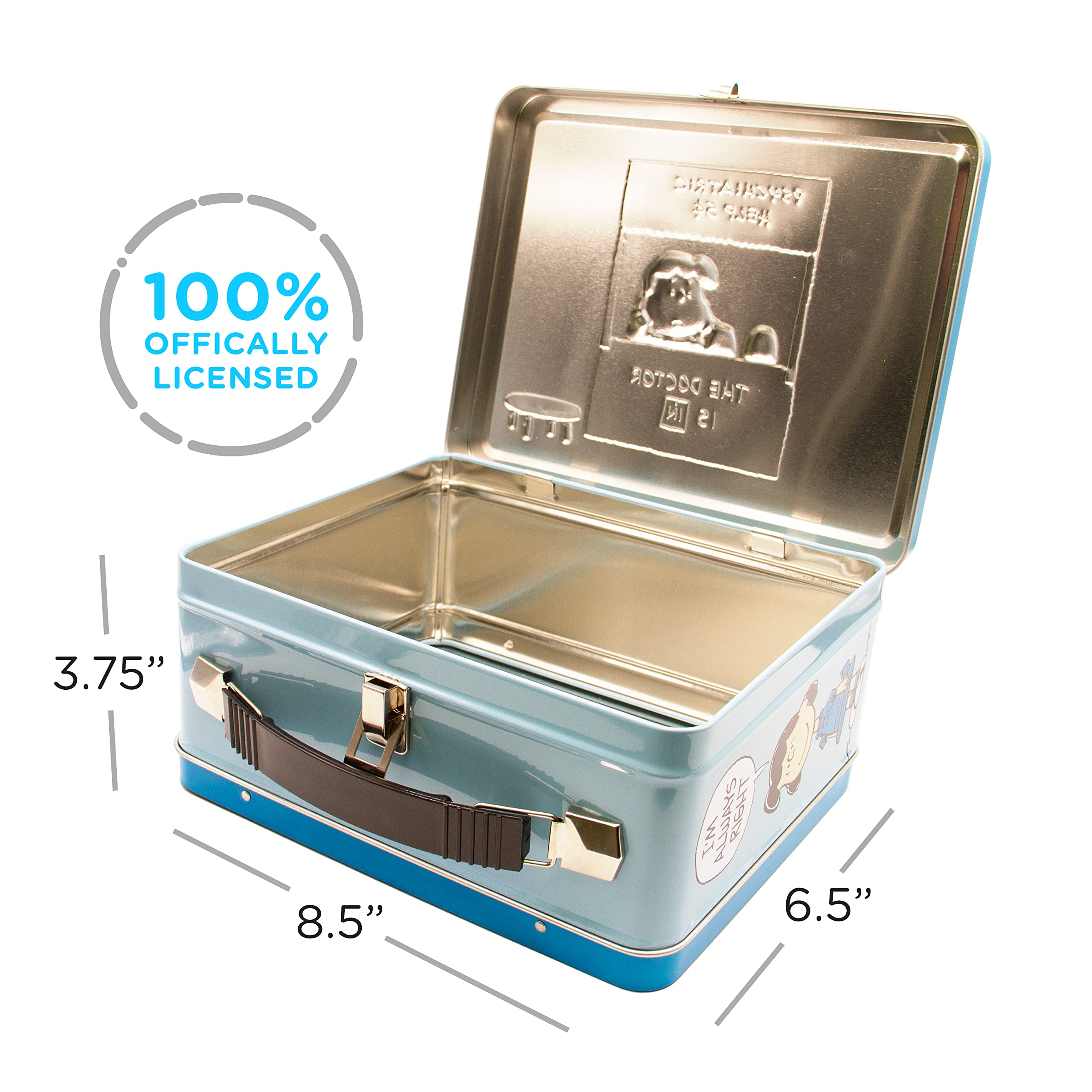 AQUARIUS Lucy Psychiatrist Fun Box Robusta scatola di latta con manico in plastica e copertina frontale in rilievo, con licenza ufficiale arachidi e regali da collezione per bambini, ragazzi e
