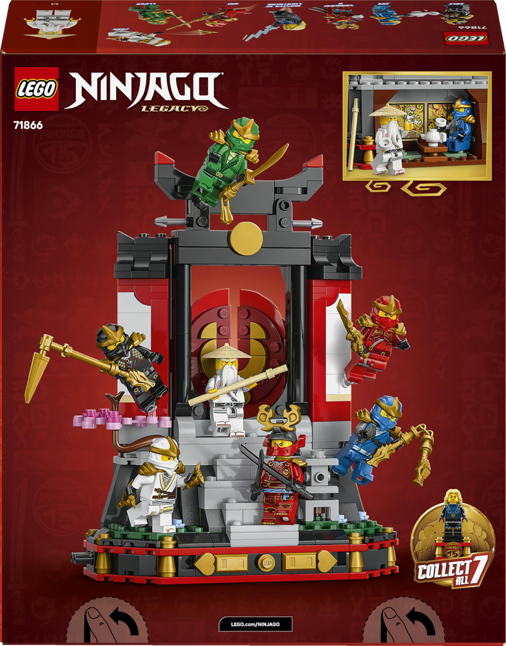 LEGO Ninjago Exposición de Personajes Ninja: 15 Aniversario - Puerta de Monasterio con 8 Minifiguras Coleccionables y Espadas - Regalo Nostálgico para Niños de 14+ Años y Fans Adultos - 71866