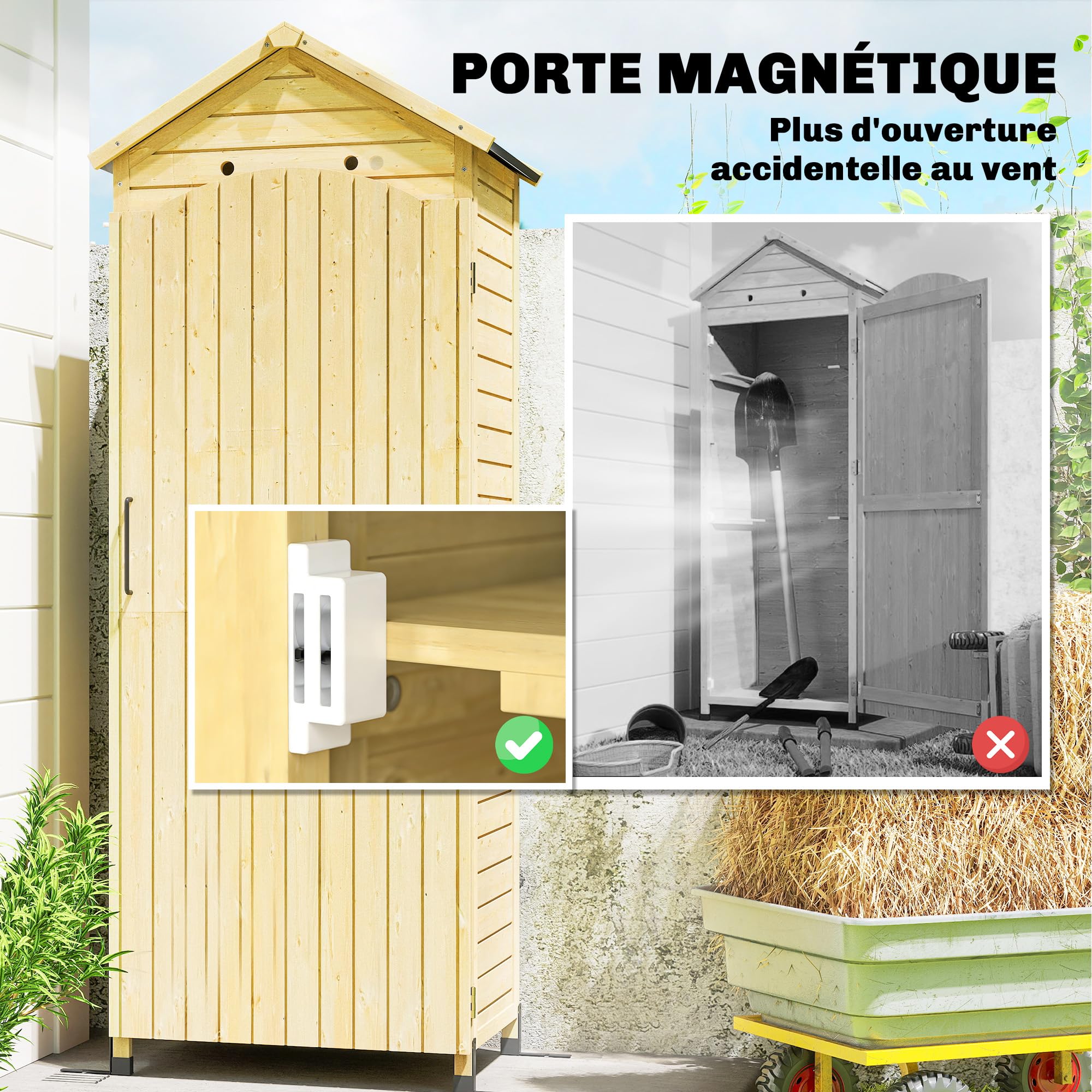 Outsunny Armoire de Jardin en Bois 213cm de Haut pour Terrasse Bois Naturel | Abri de Jardin, Toit en Métal Galvanisé, Remise à Outils à Long Manche, Texture Gaufrée, Étagères Réglables