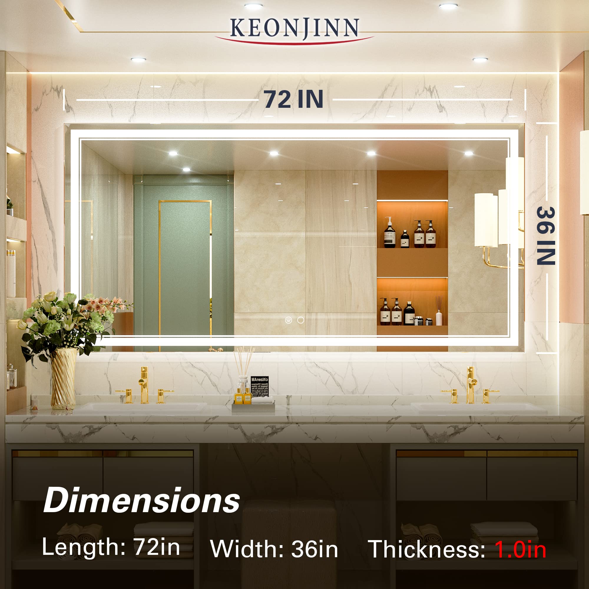 Keonjinn 72 x 36 Inch LED Bathroom Mirror with Lights, LED Vanity Mirror, Adjustable 3000K/4500K/6000K Lights, Wall Mounted Anti-Fog Oversized Lighted Makeup Mirrors Dimmable(Horizontal/Vertical)