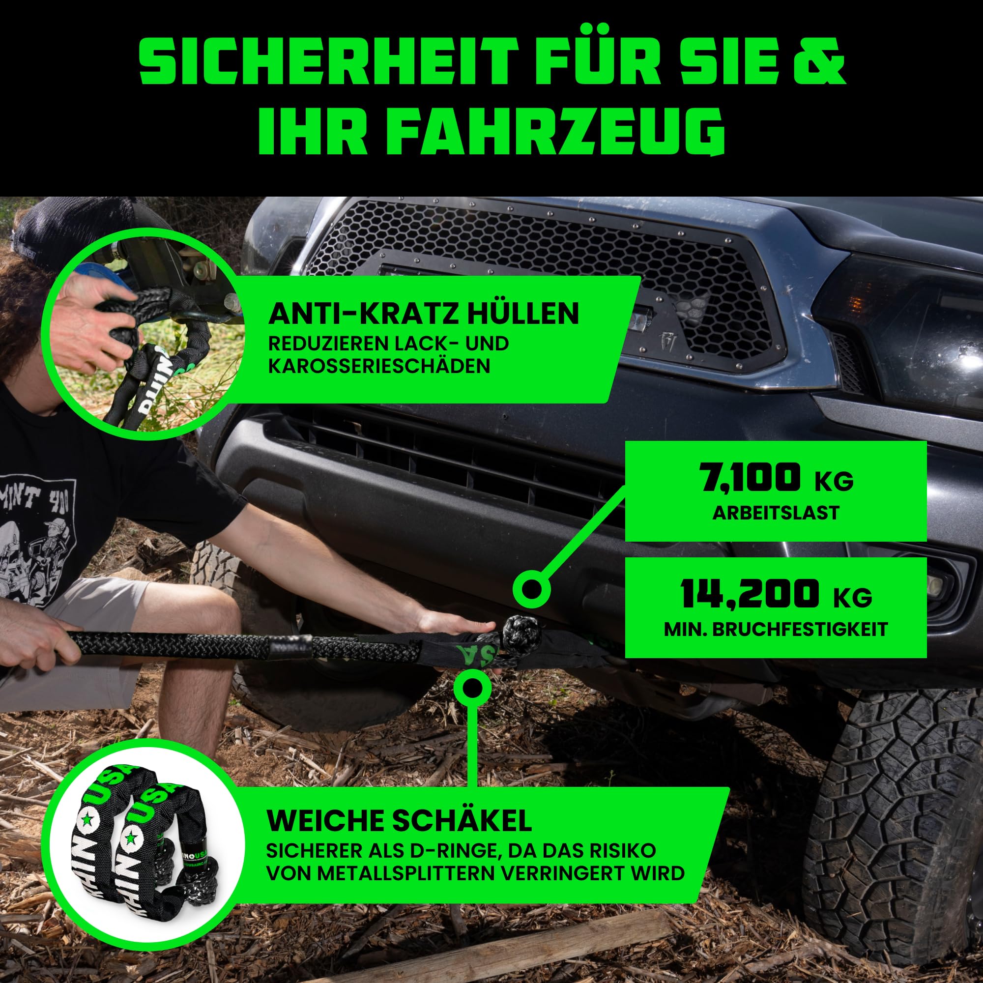 Rhino USA Kinetisches Seil Bergungssatz 13,000kg (2.2cm x 9m) - Schwerlast Offroad Schnappriemen - Abschleppseil elastisch Bergeseil - Set enthält 2 weiche Schäkel für LKW Auto Traktor - Schwarz