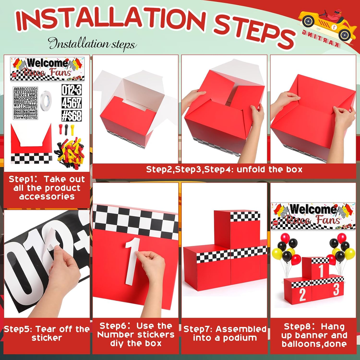 JellyArch 70 Pcs Racing Car Party Decoration, Large Racing Checkered Boxes with Balloons Sticker Banner for Race Car Birthday Party Favors Supplies Truck Theme Race Car Podium Centerpiece Decoration
