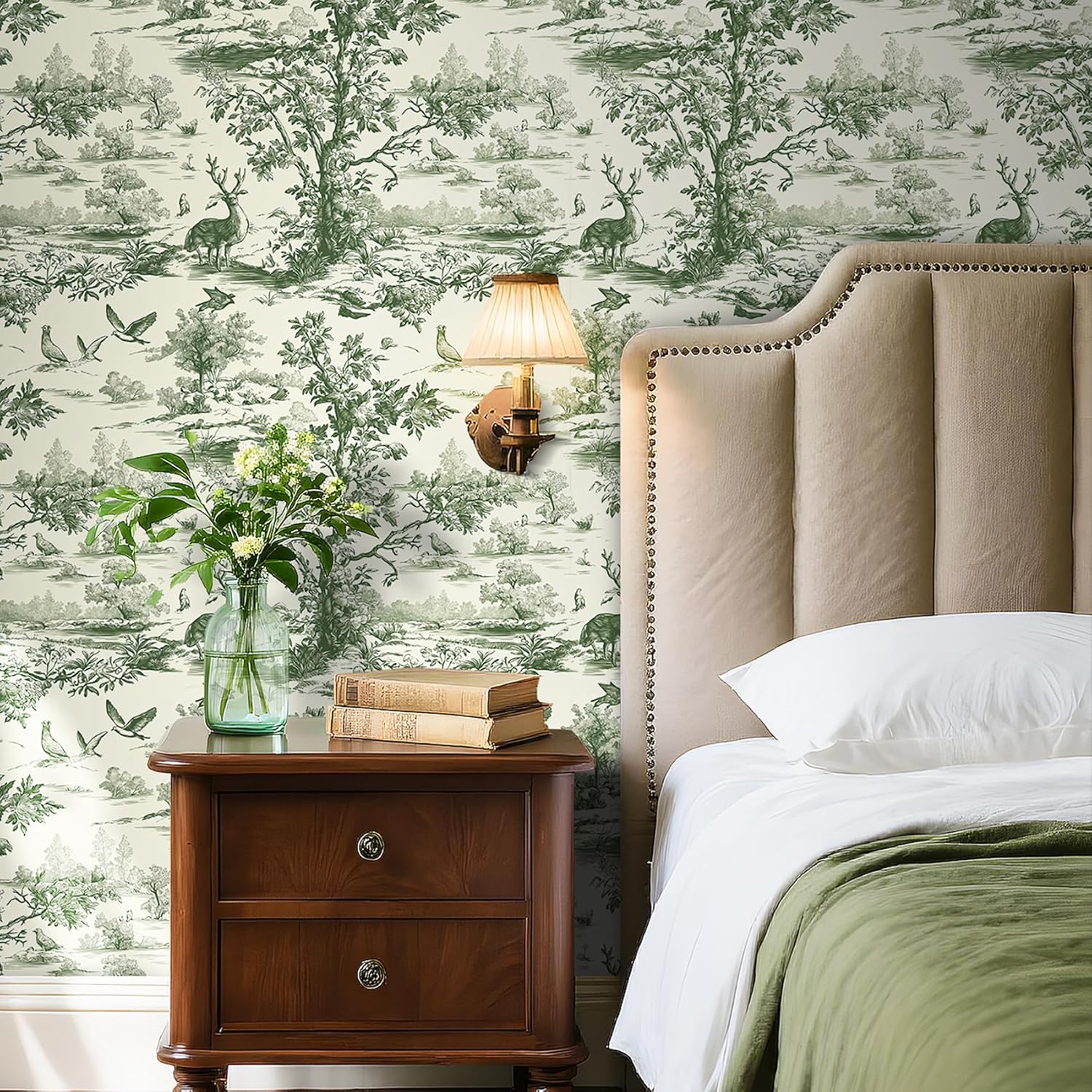 Livelynine 17.5x276 Nature Wallpaper Stick and Peel Trees Animals Green Plants French Country Landscape Wallpaper for Bedroom Bathroom Wall Murals Sage Green Pattern Contact Paper Renter Friendly