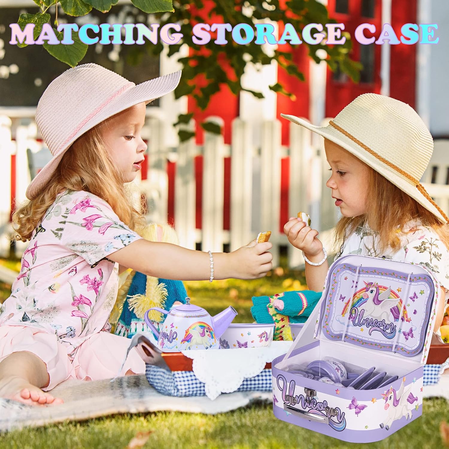 PP PICADOR Tin Tea Party Set for Little Girls, Unicorn Party Toys Teapot Set with Storage Case and Accessories Plates, Pretend Kitchen Play Princess Age 3 4 5 6 7 8(Purple) : Toys & Games