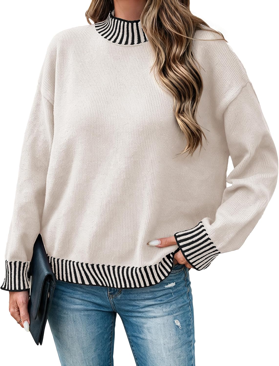 SunnyMelody Womens Oversized Turtle Neck Striped Sweater