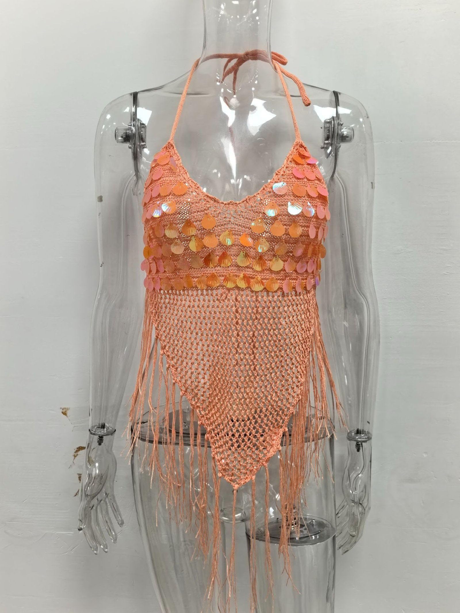 Top All'uncinetto Traforati Con Paillettes E Nappe Per Donna Con Allacciatura Al Collo Schiena Scoperta Senza Maniche Per Vacanze E Spiaggia