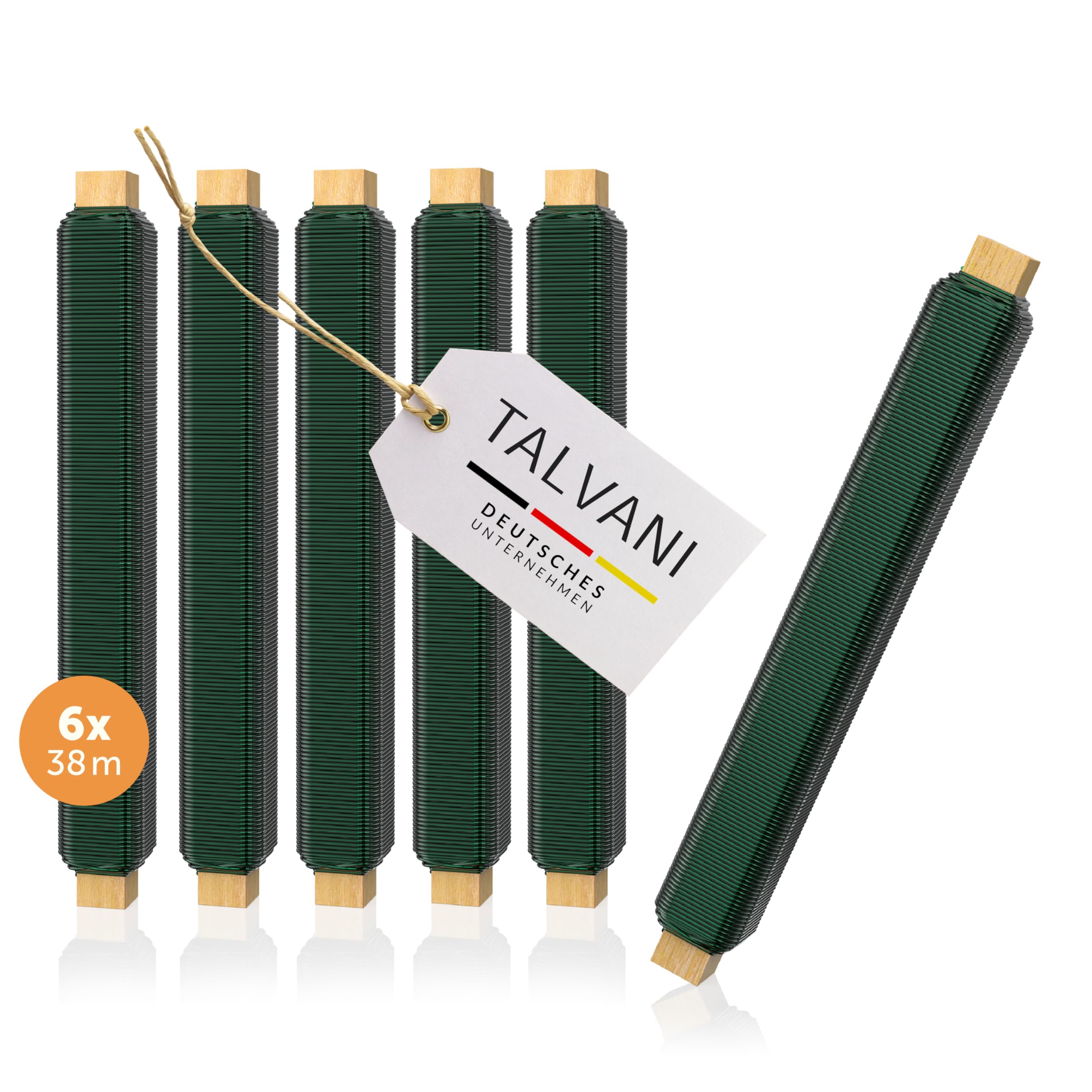 Talvani Basteldraht [3x|6x|9x] in grün silber schwarz mix – Hochwertiger Blumendraht zum Basteln – Rostfreier Draht – Verbesserter Bindedraht für Pflanzen lackiert, Ø 0,65 mm | 38 m (Grün, 6er)