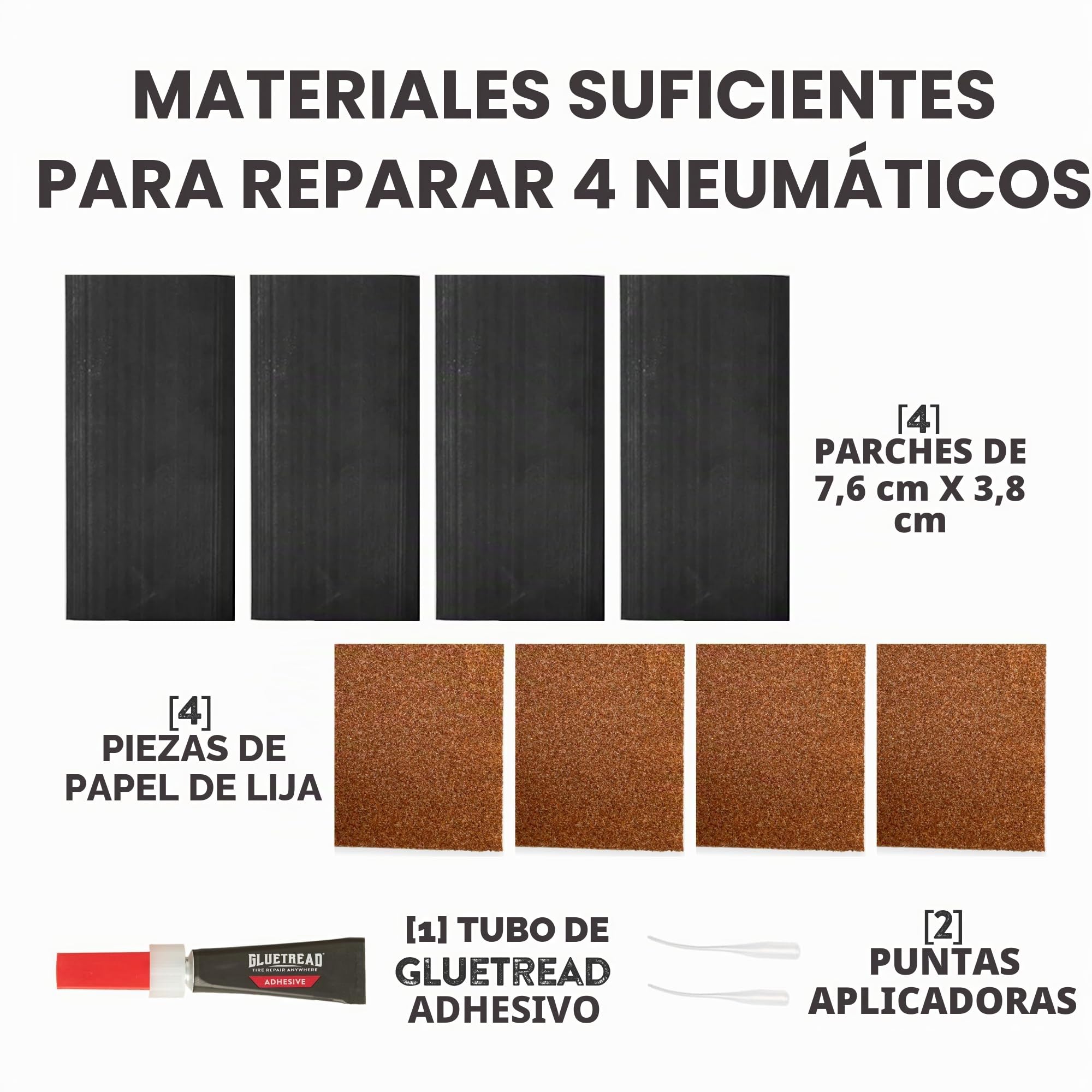GlueTread - Kit de conexión externa para neumáticos sin cámara, sin necesidad de quitar el neumático, el kit incluye suficiente material para reparar 4 neumáticos, kit de reparación de pared lateral